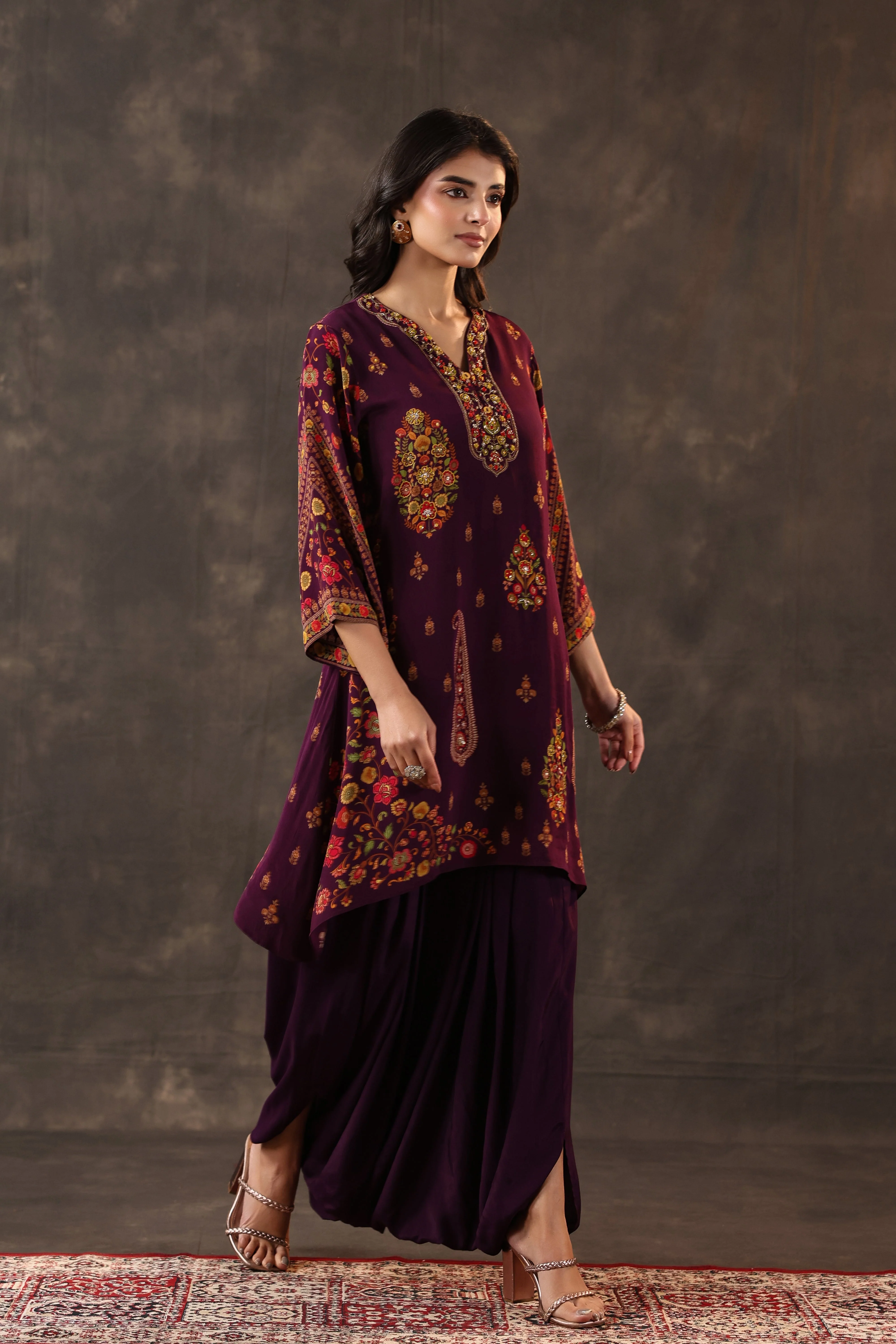 Deep Plum Paisley Printed Crepe Silk Dhoti Set - Image 4