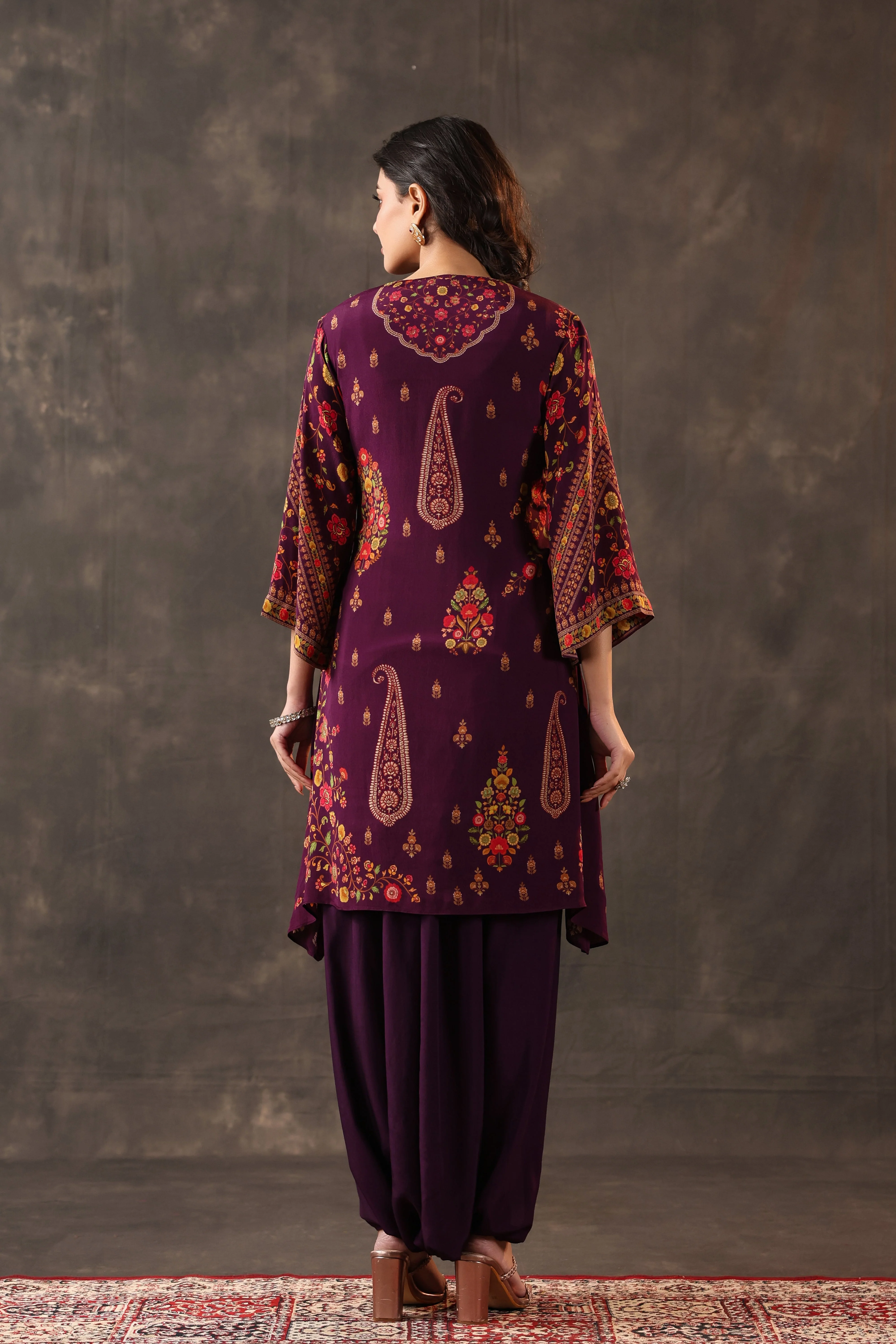 Deep Plum Paisley Printed Crepe Silk Dhoti Set - Image 5