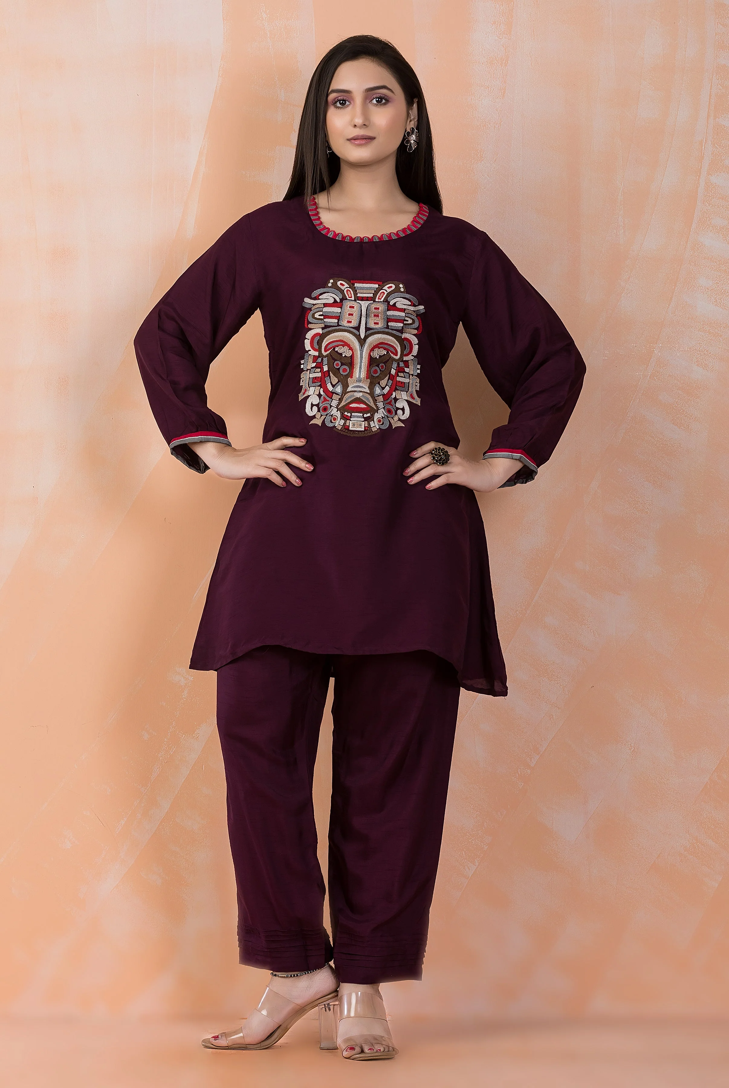 Deep Plum Embroidered Dola Silk Co-Ord Set
