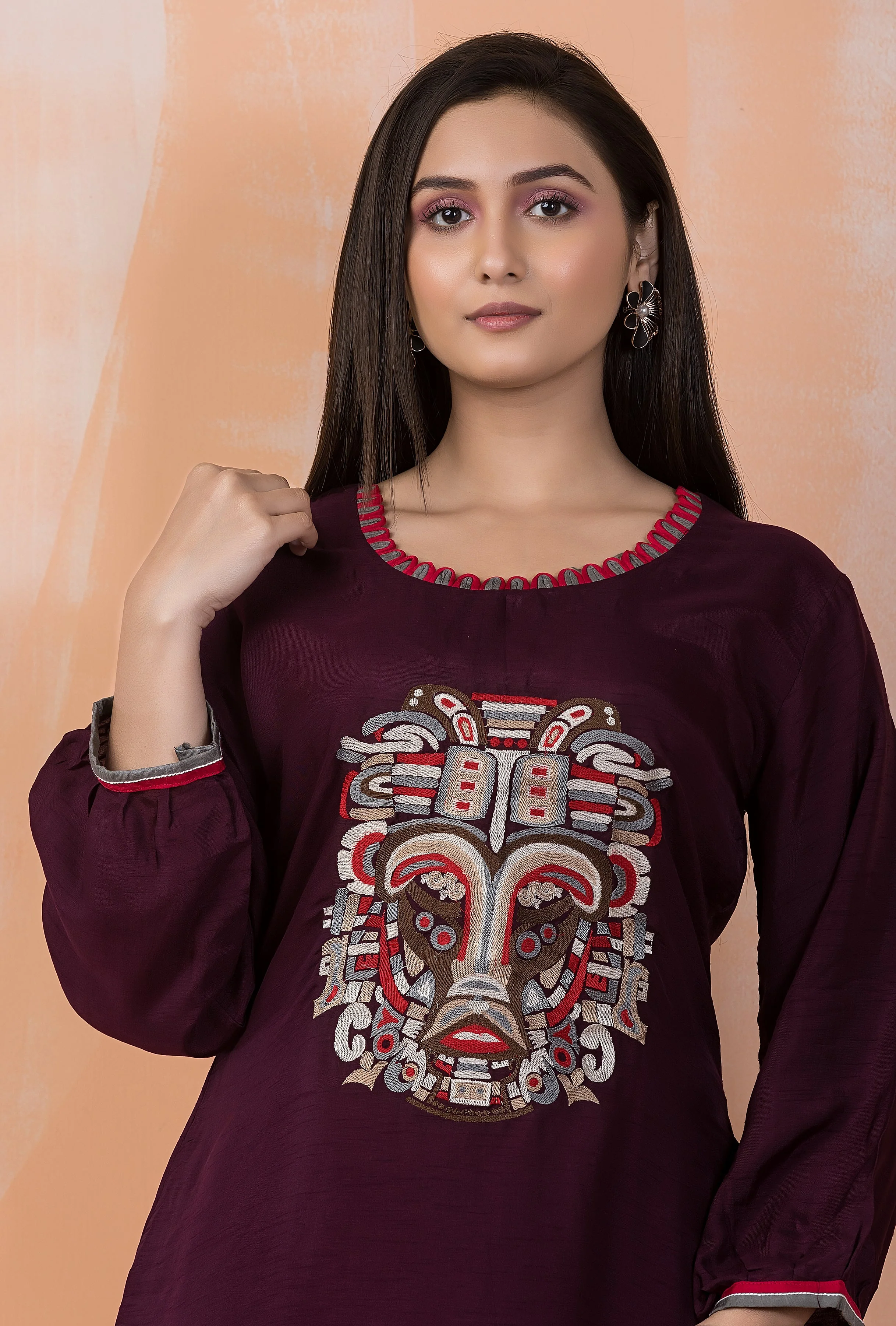 Deep Plum Embroidered Dola Silk Co-Ord Set - Image 2