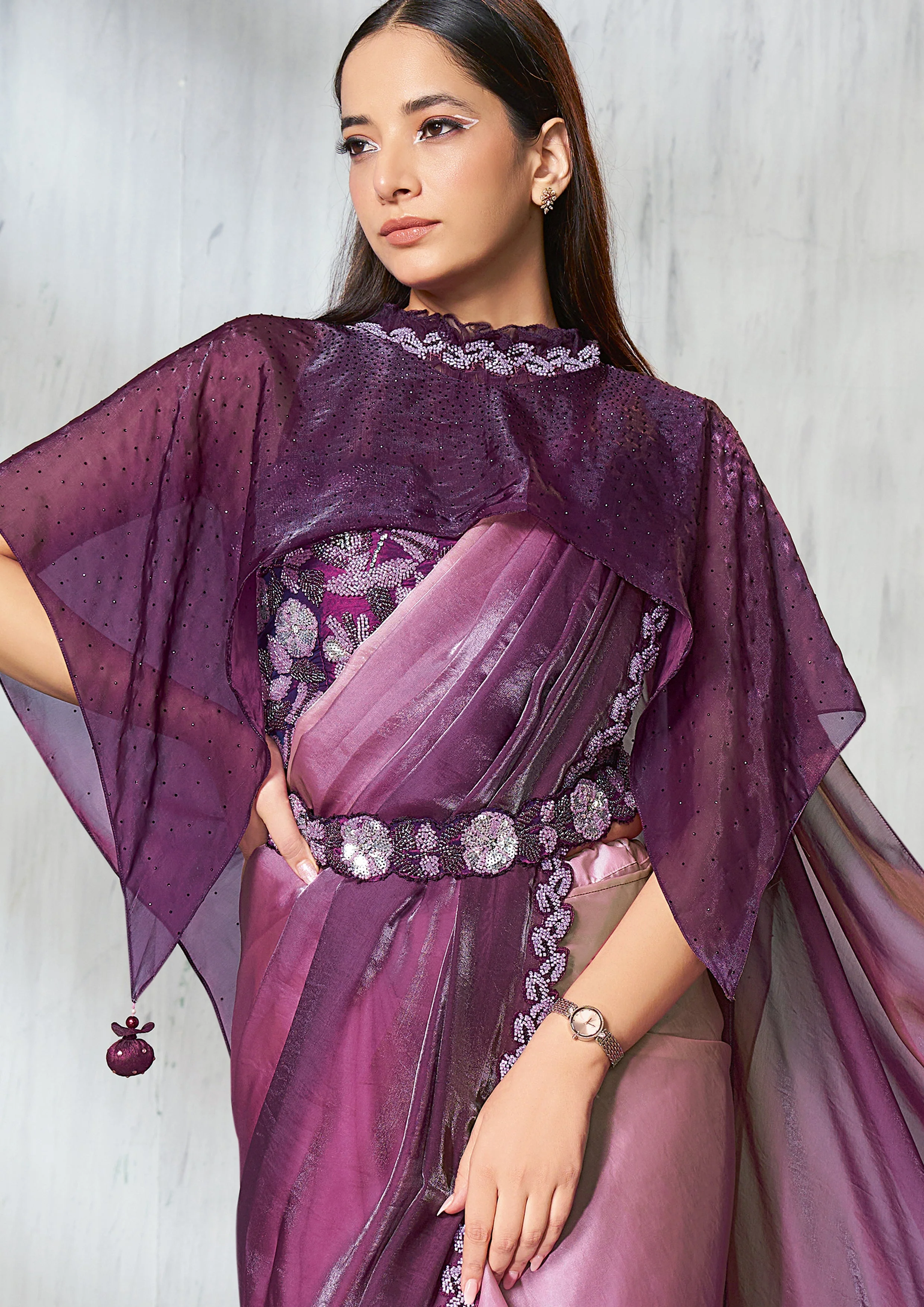 Purple Ombre Embellished Jimmy Choo Silk Saree - Image 2