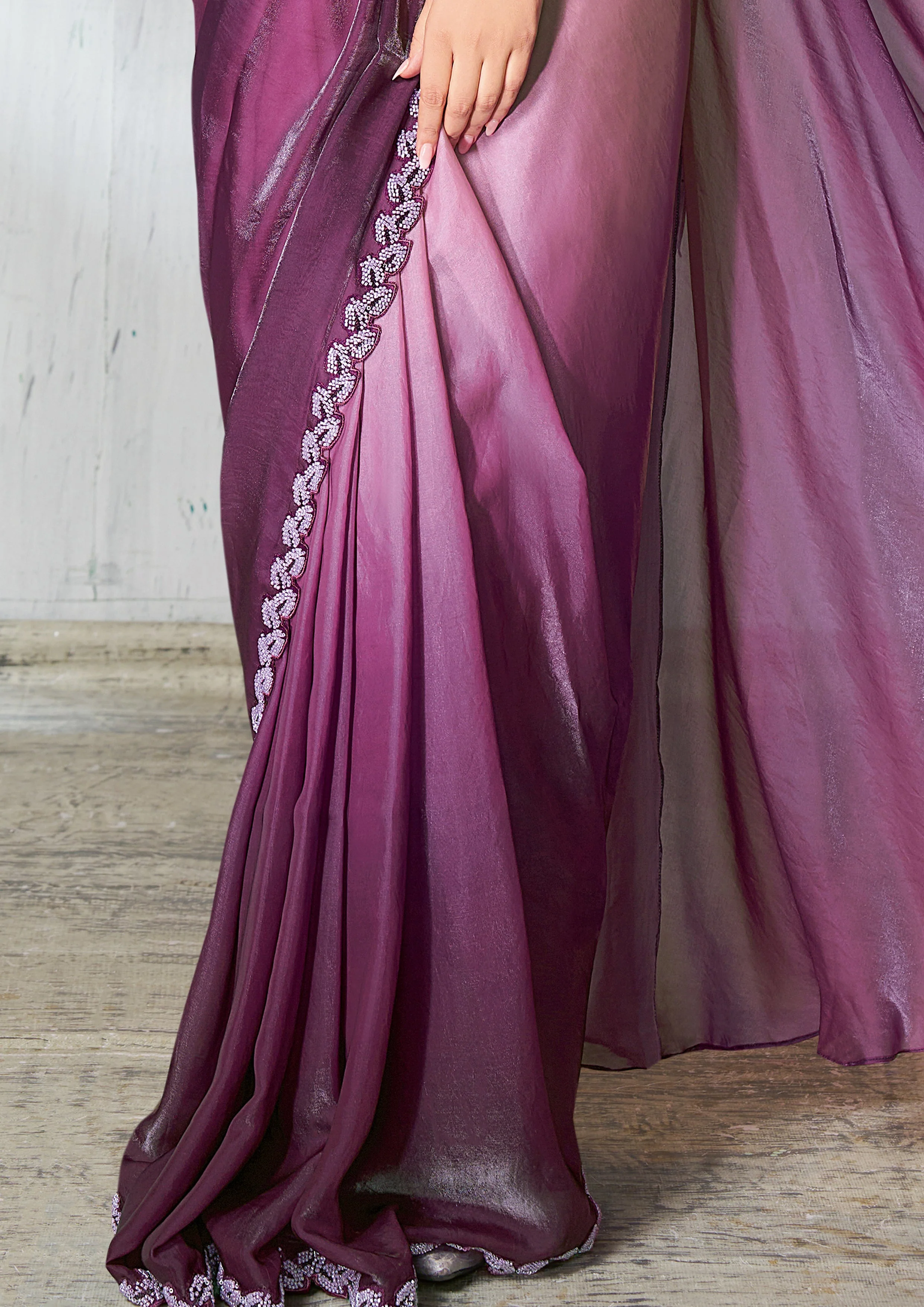 Purple Ombre Embellished Jimmy Choo Silk Saree - Image 3