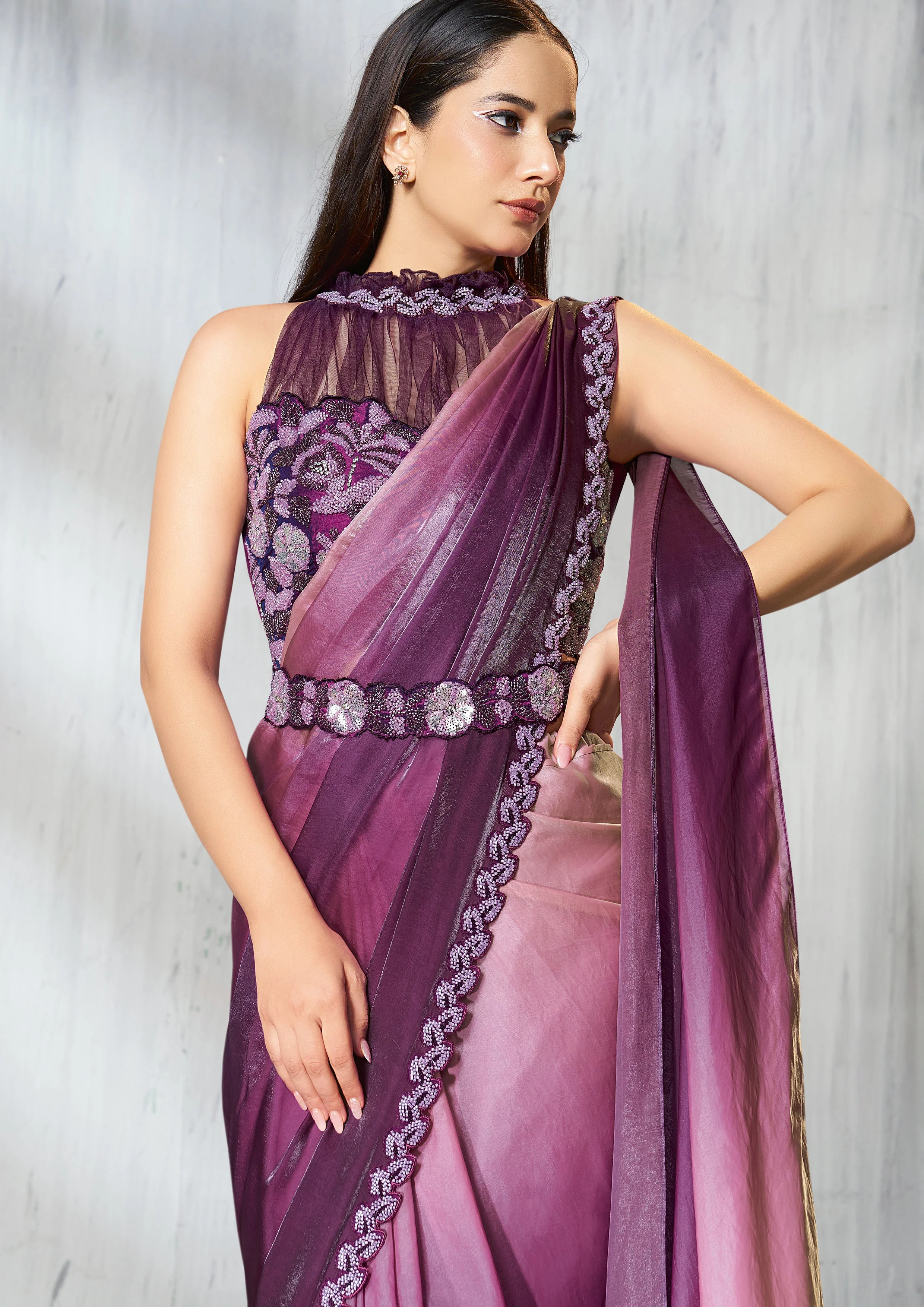 Purple Ombre Embellished Jimmy Choo Silk Saree - Image 4