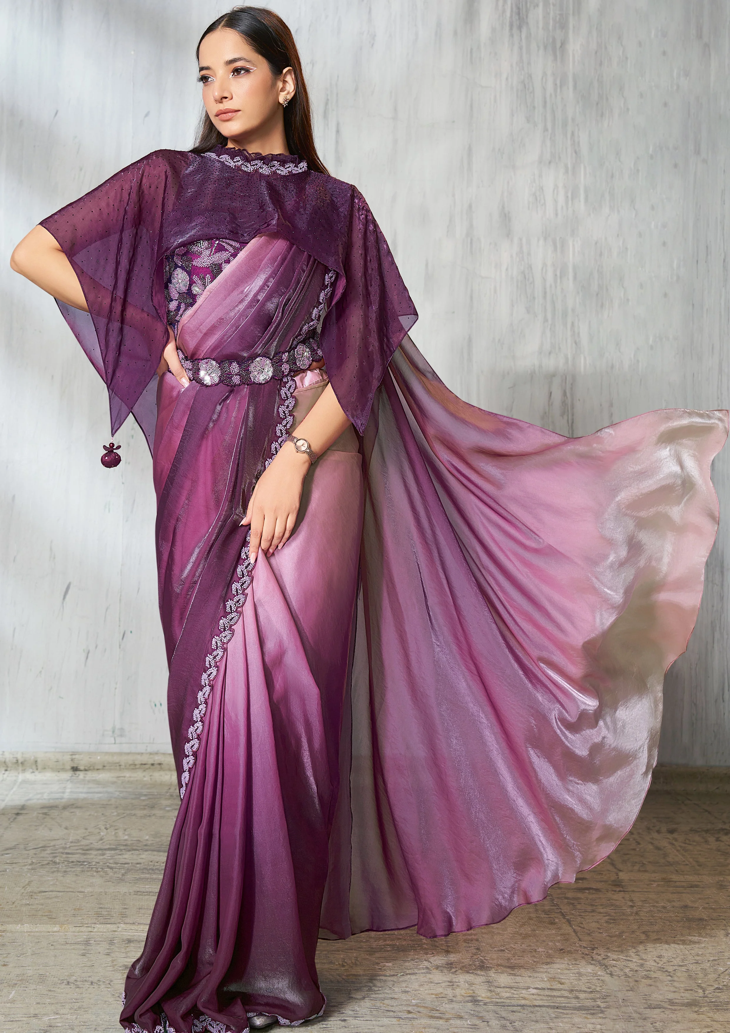 Purple Ombre Embellished Jimmy Choo Silk Saree - Image 5