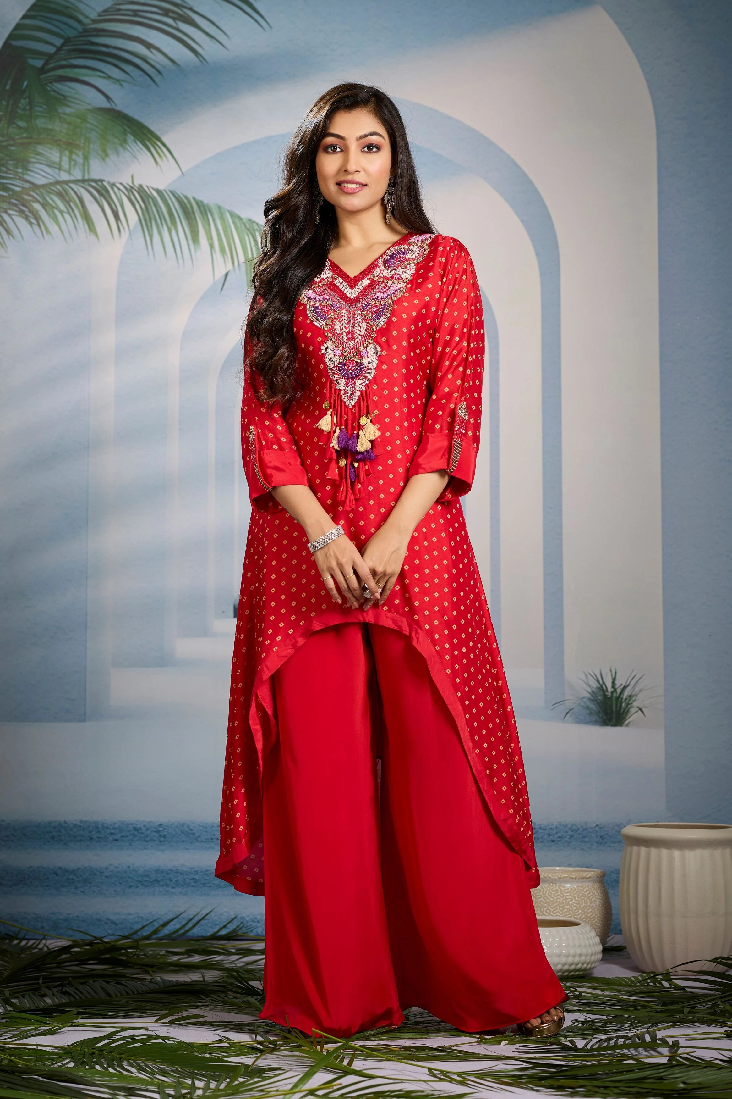 Bright Red Bandhani Printed Kurta Set - Image 3