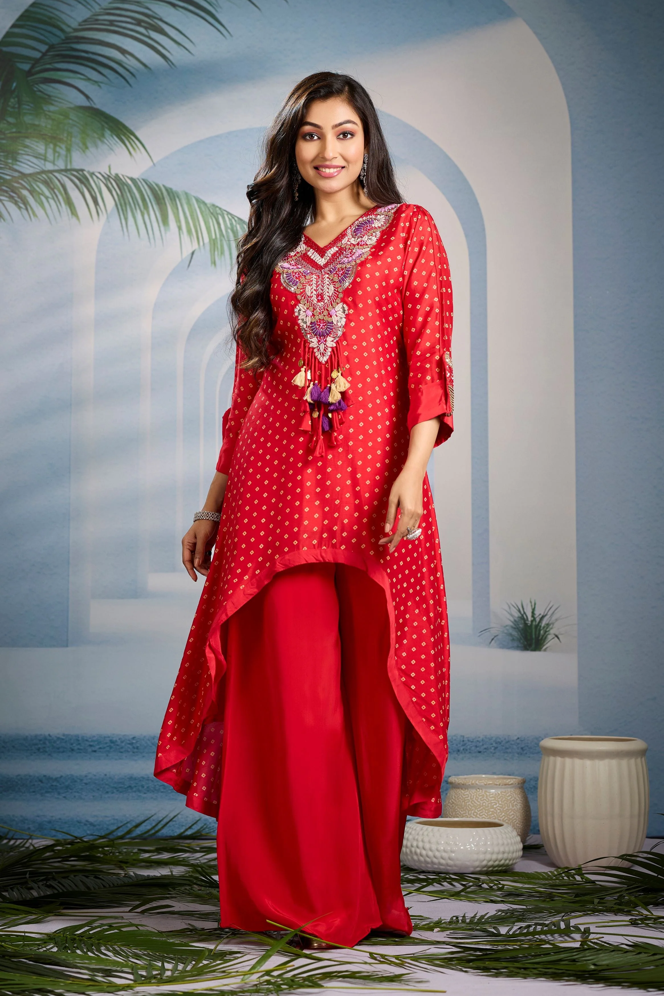 Bright Red Bandhani Printed Kurta Set - Image 4