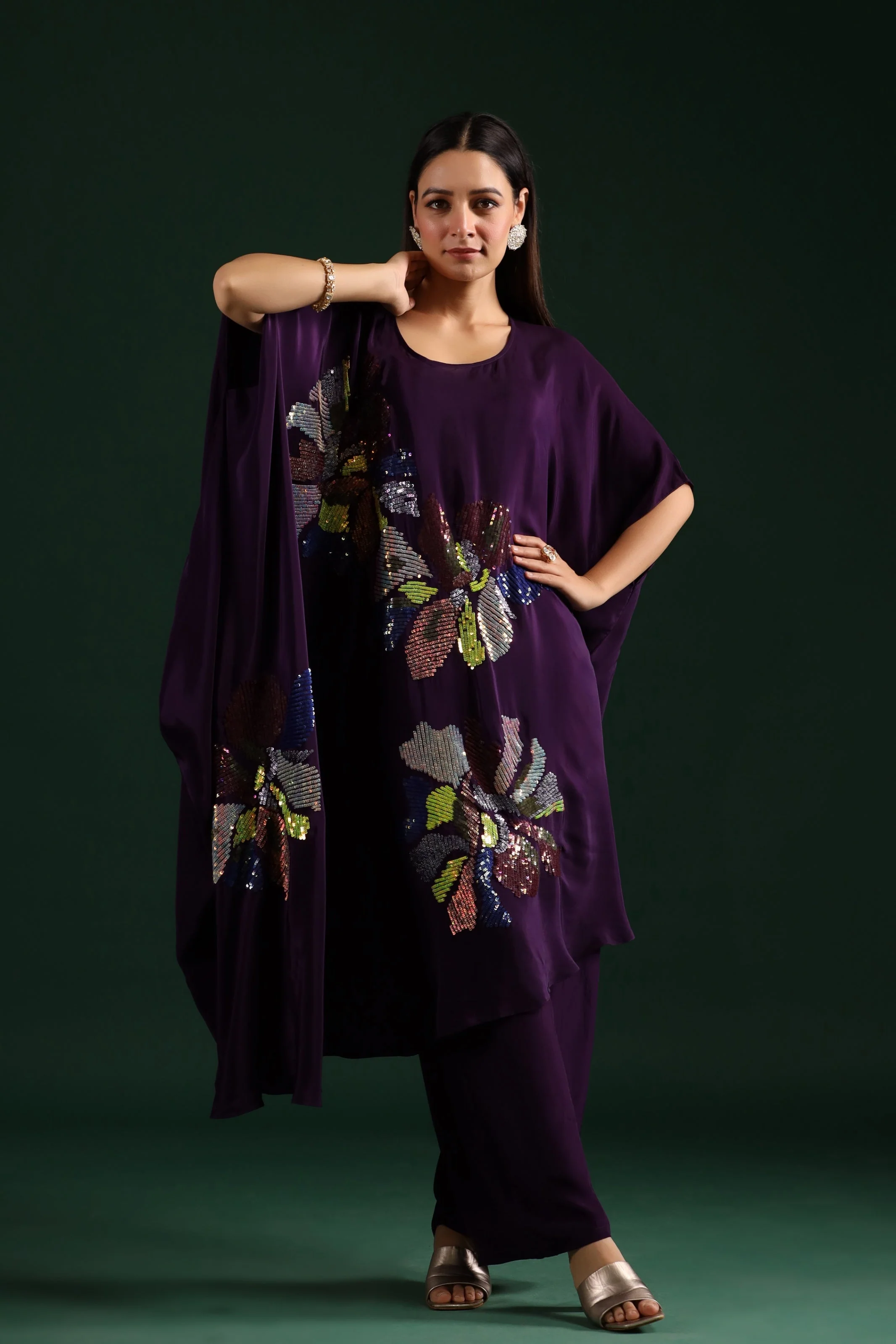 Deep Purple Embellished Asymmetrical Kaftan & Pants - Image 3