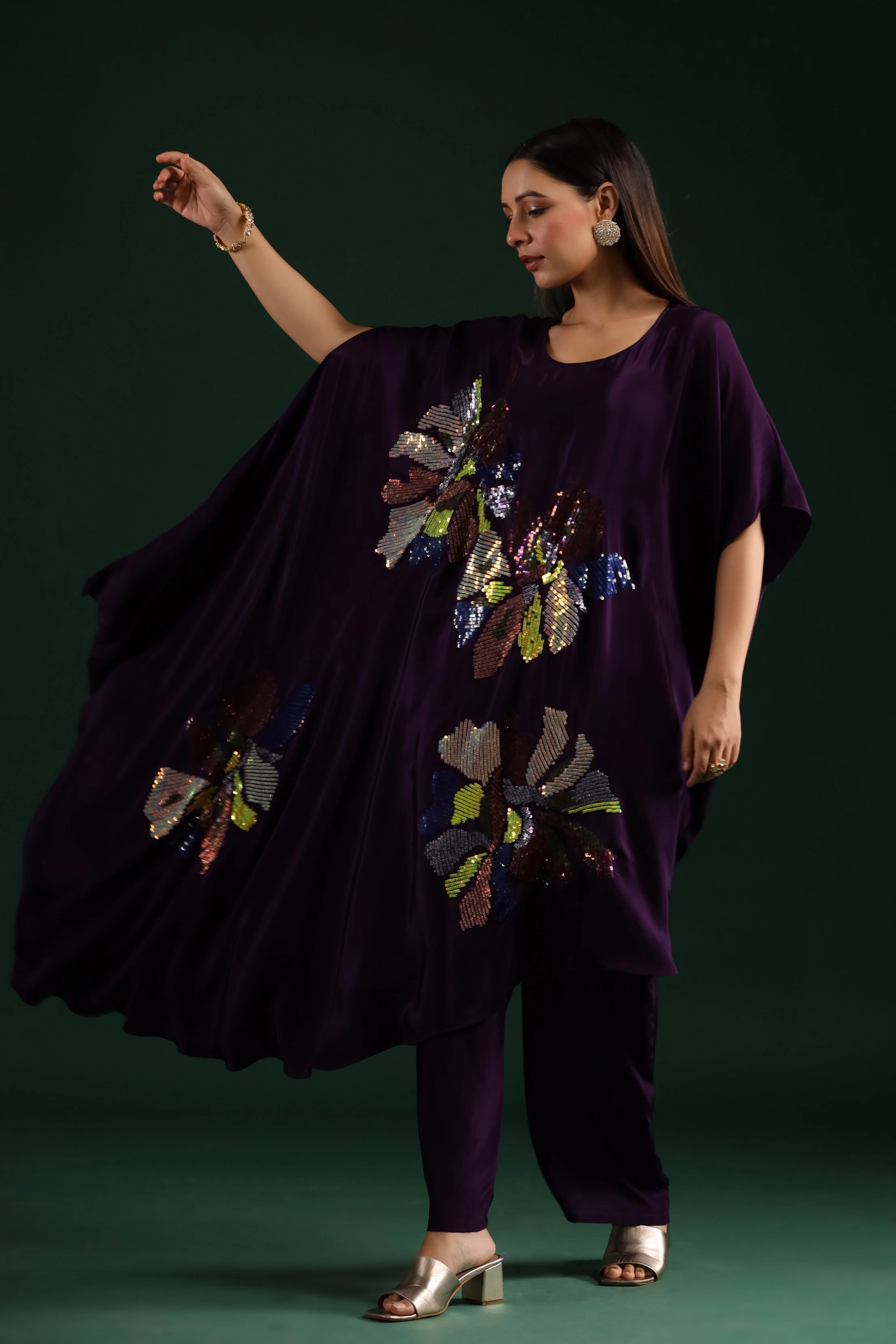 Deep Purple Embellished Asymmetrical Kaftan & Pants - Image 4