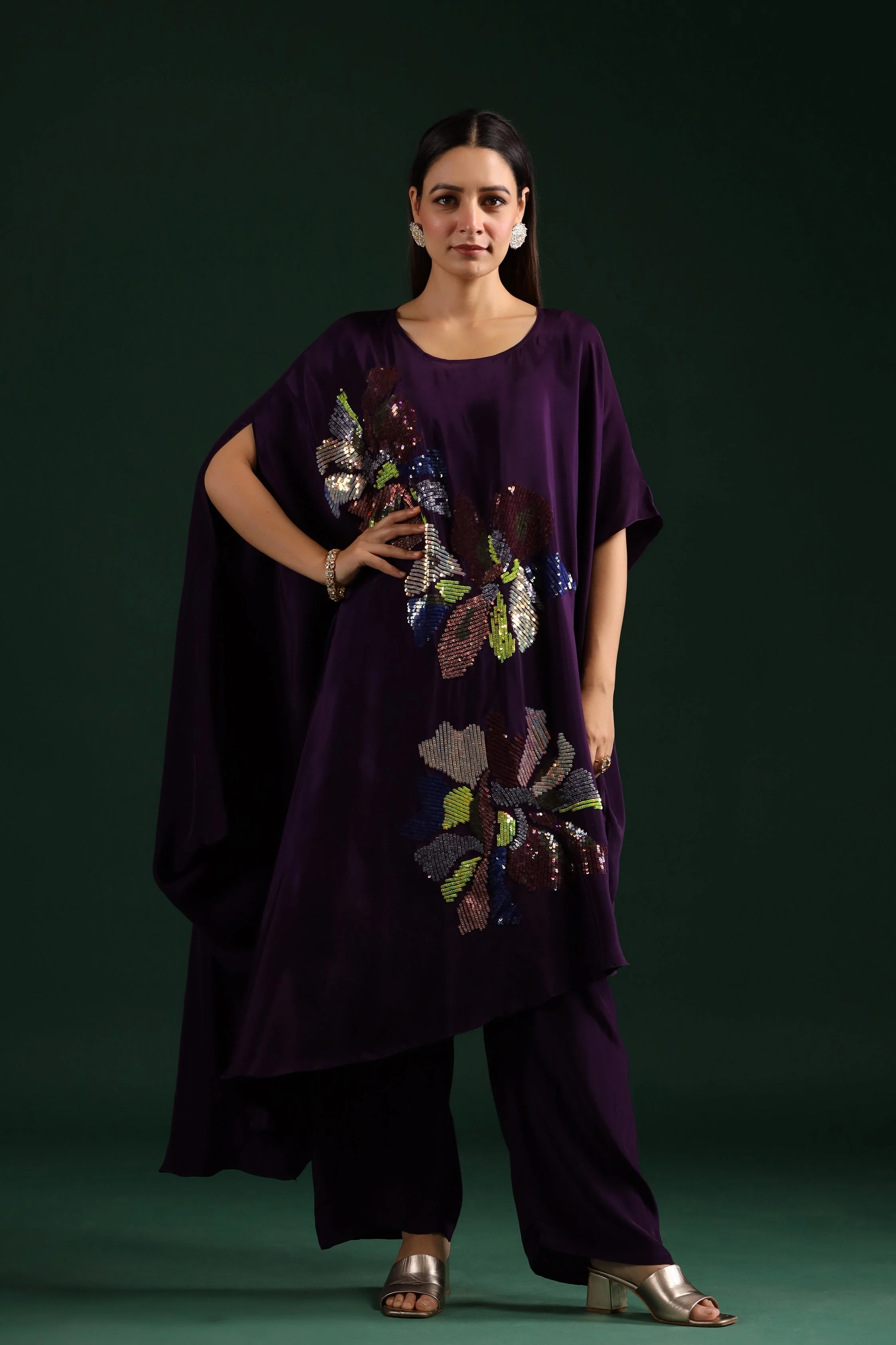 Deep Purple Embellished Asymmetrical Kaftan & Pants - Image 5