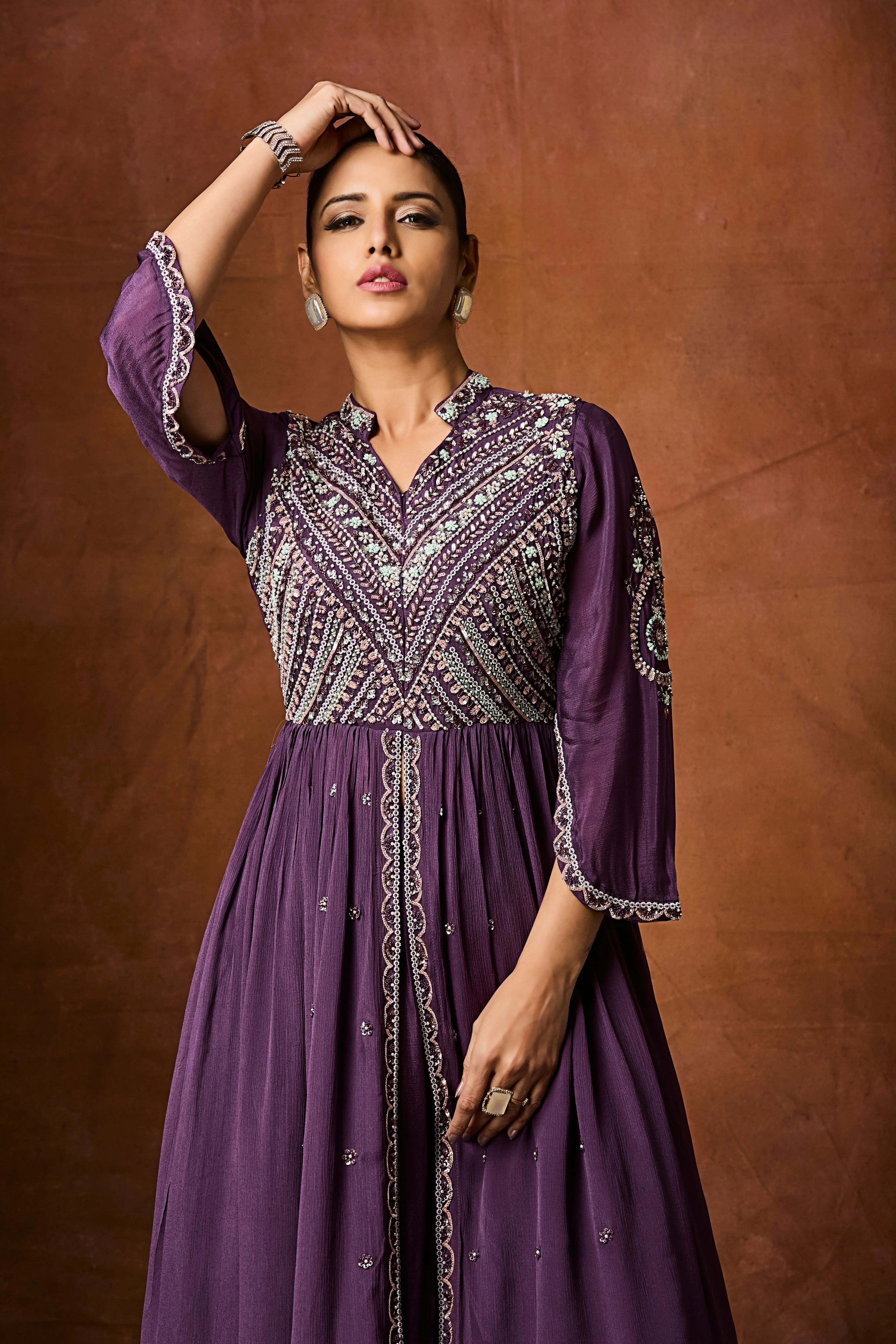 Deep Purple Embellished Chinon Silk Skirt Set - Image 2