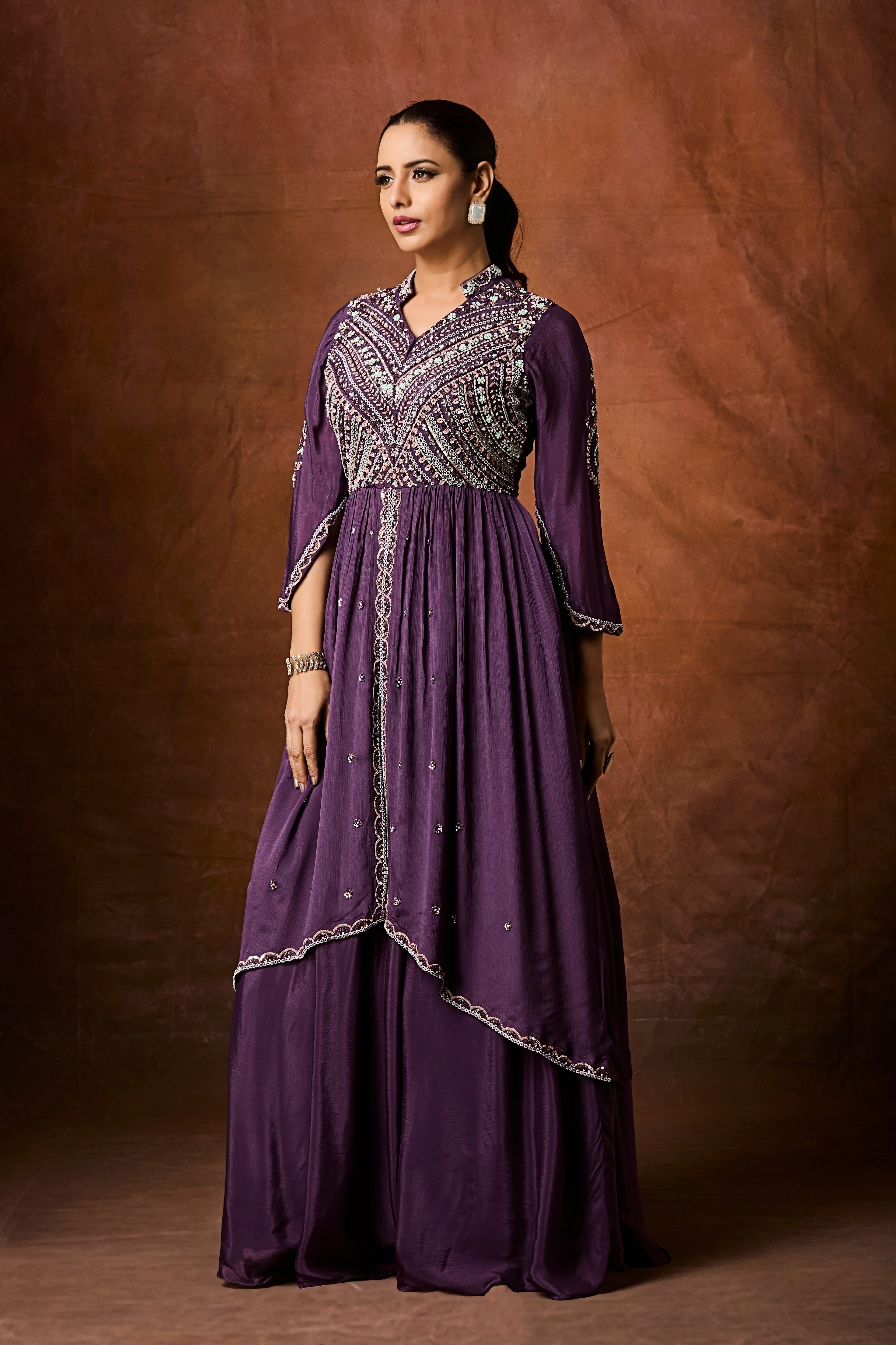 Deep Purple Embellished Chinon Silk Skirt Set - Image 3