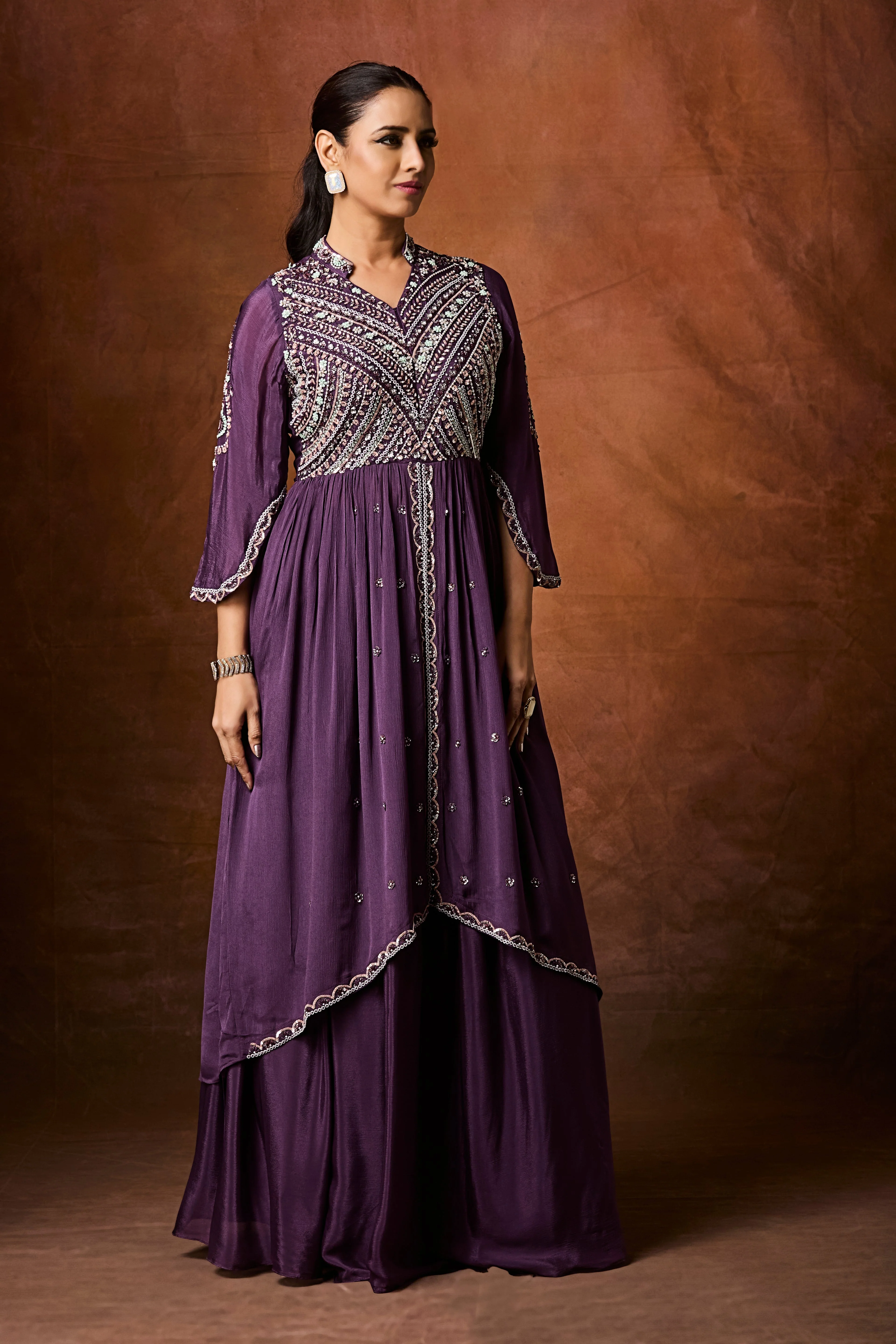Deep Purple Embellished Chinon Silk Skirt Set - Image 4