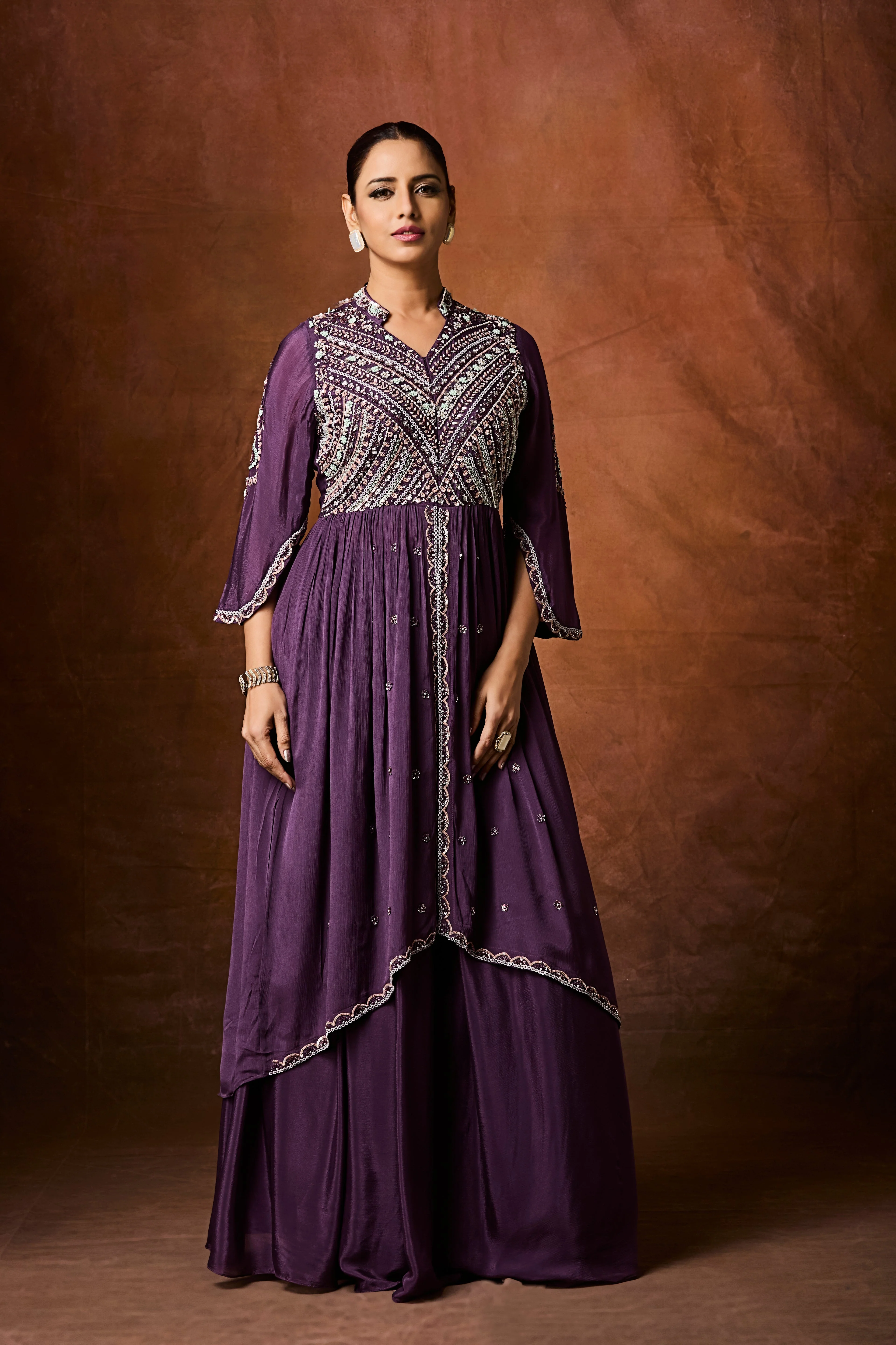Deep Purple Embellished Chinon Silk Skirt Set - Image 5