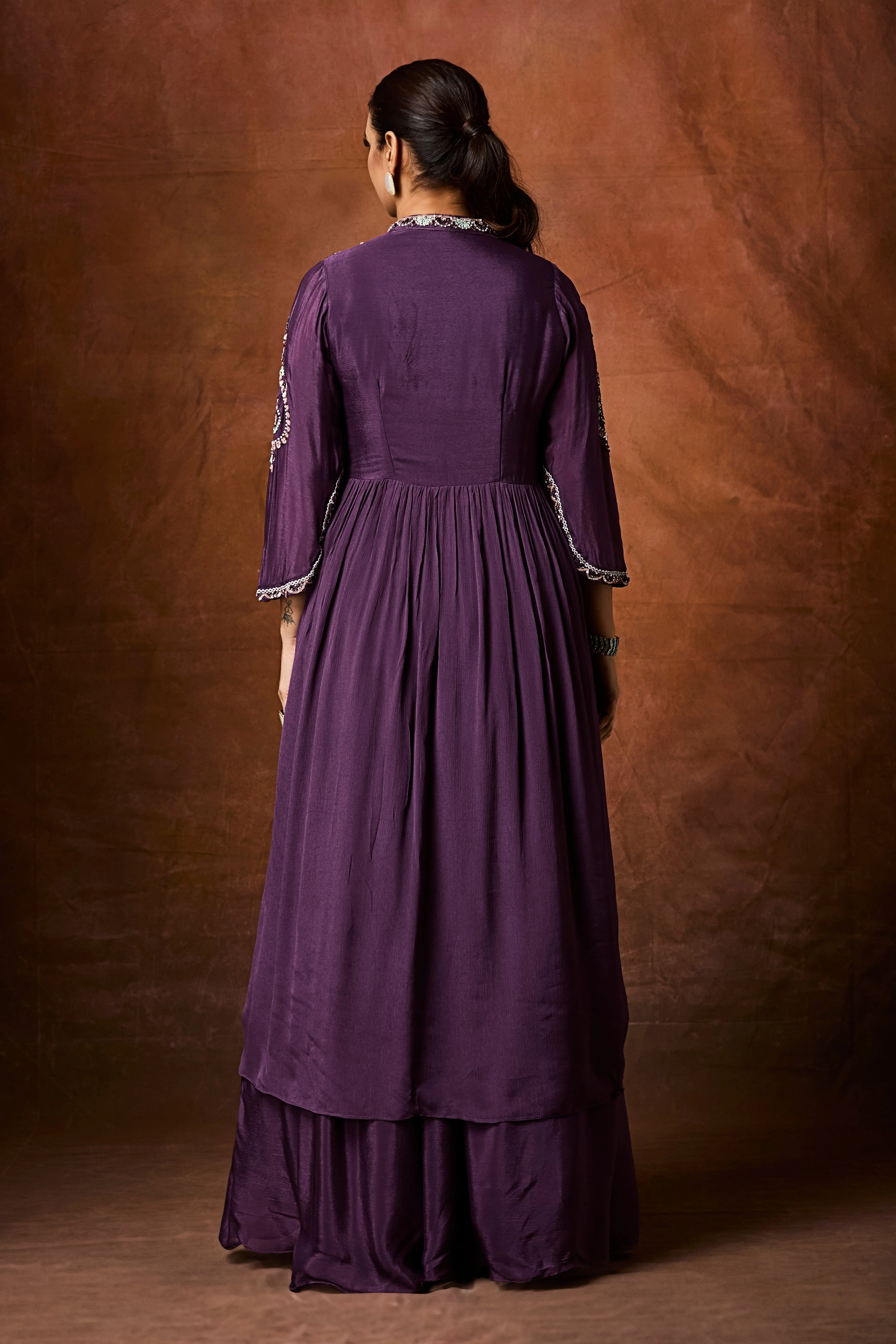 Deep Purple Embellished Chinon Silk Skirt Set - Image 6