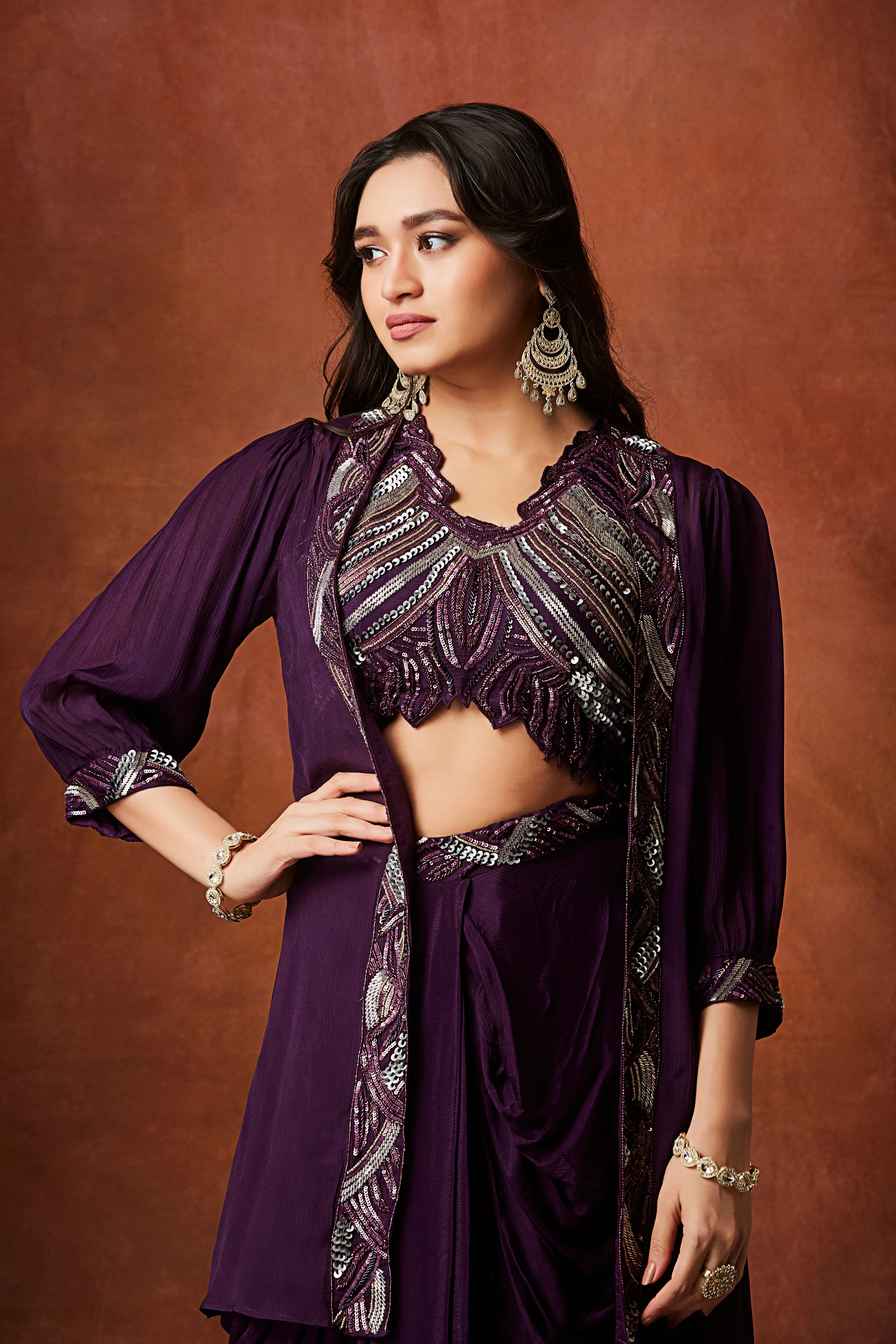 Deep Purple Embellished Chinon Silk Skirt Set - Image 2