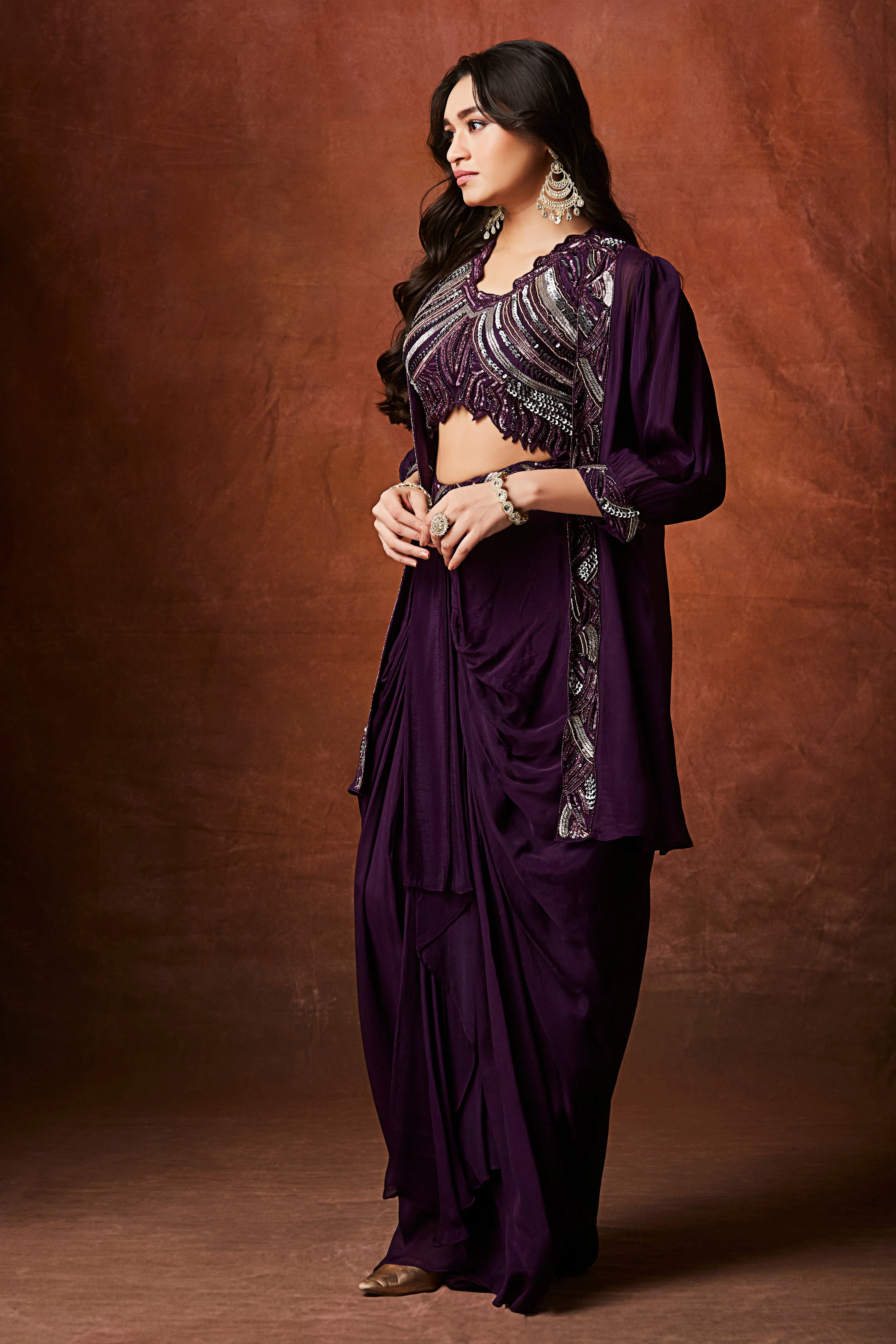 Deep Purple Embellished Chinon Silk Skirt Set - Image 3