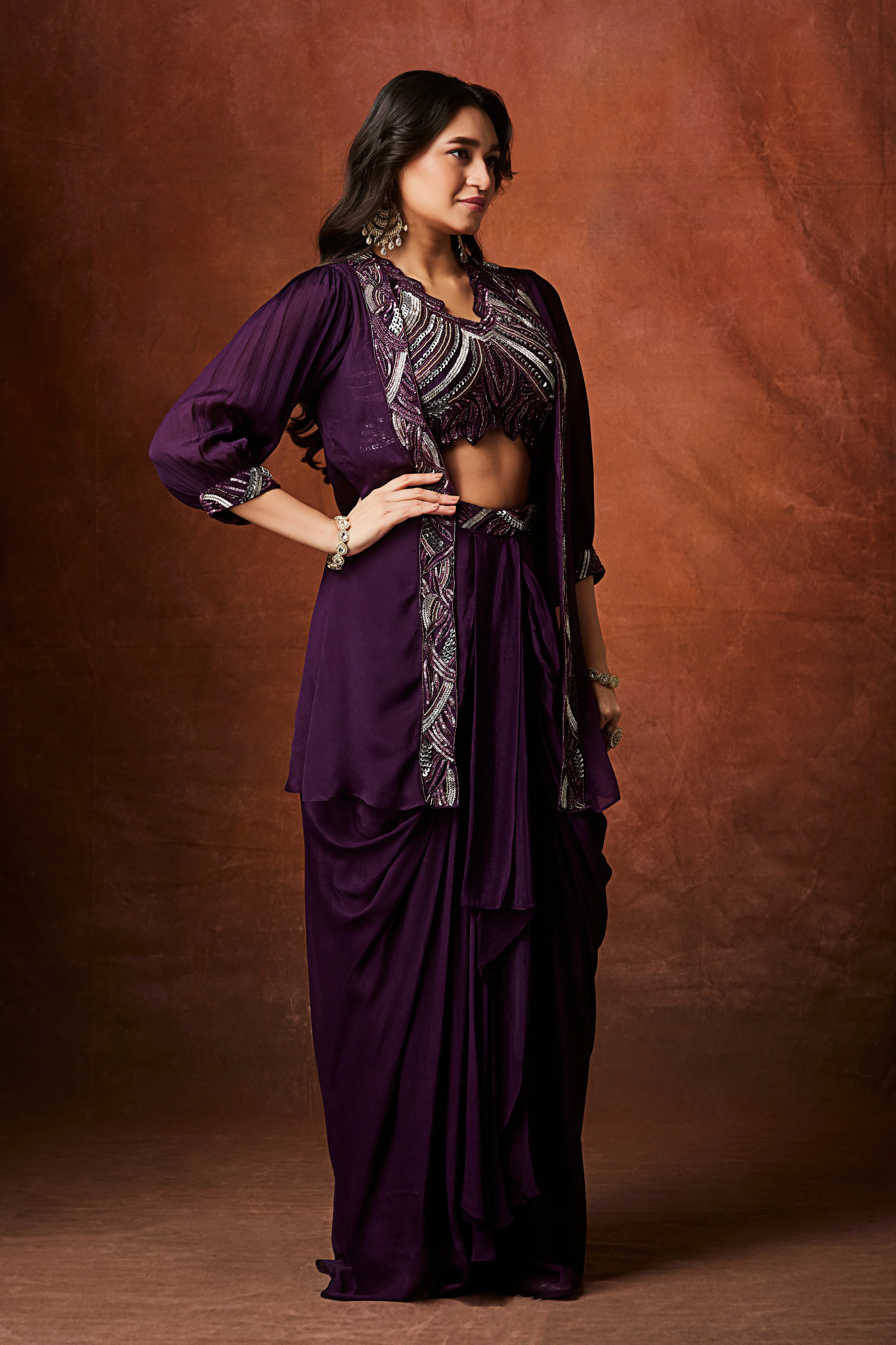 Deep Purple Embellished Chinon Silk Skirt Set - Image 4