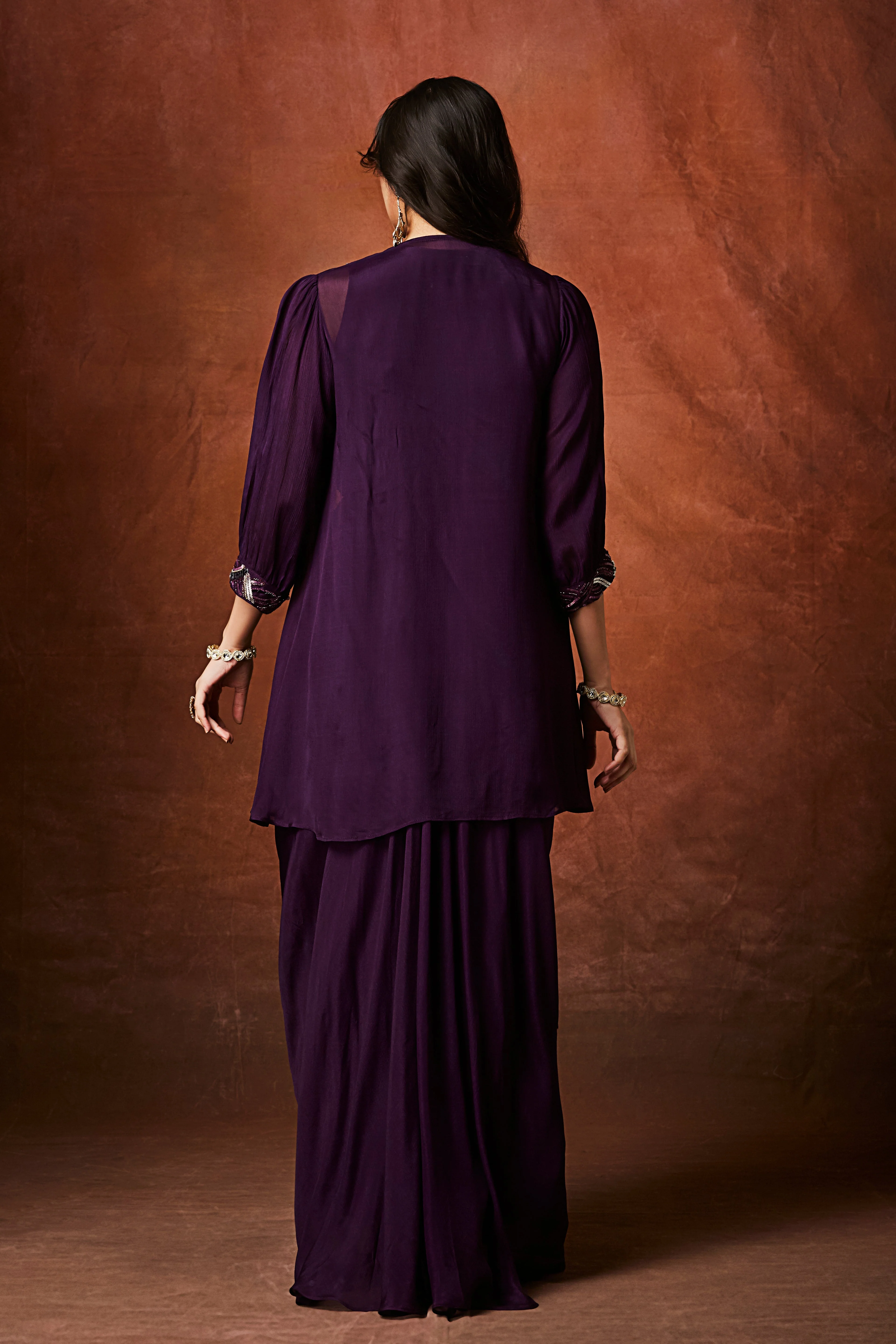 Deep Purple Embellished Chinon Silk Skirt Set - Image 5