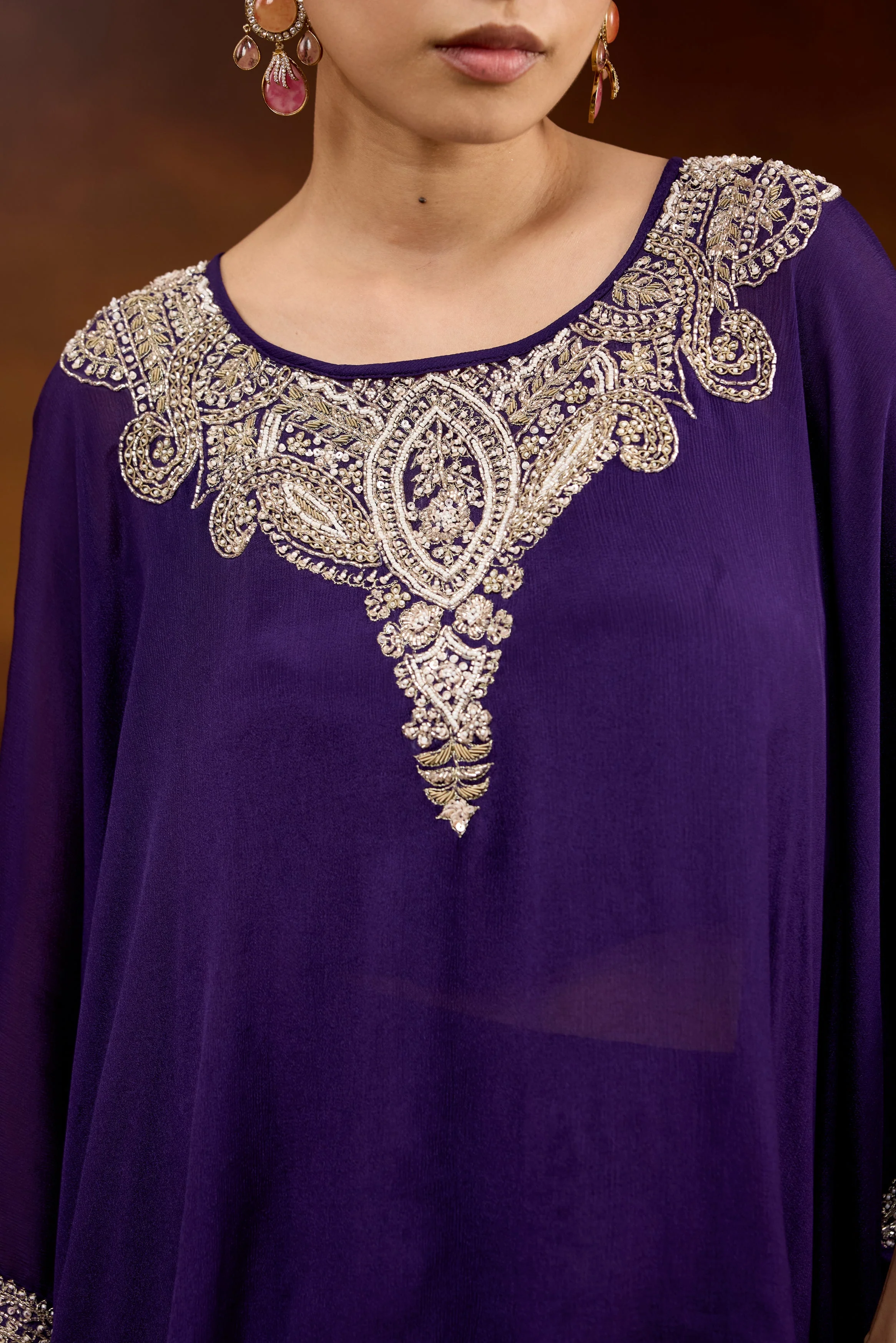 Deep Purple Embellished Chinon Silk Kaftan Set - Image 2