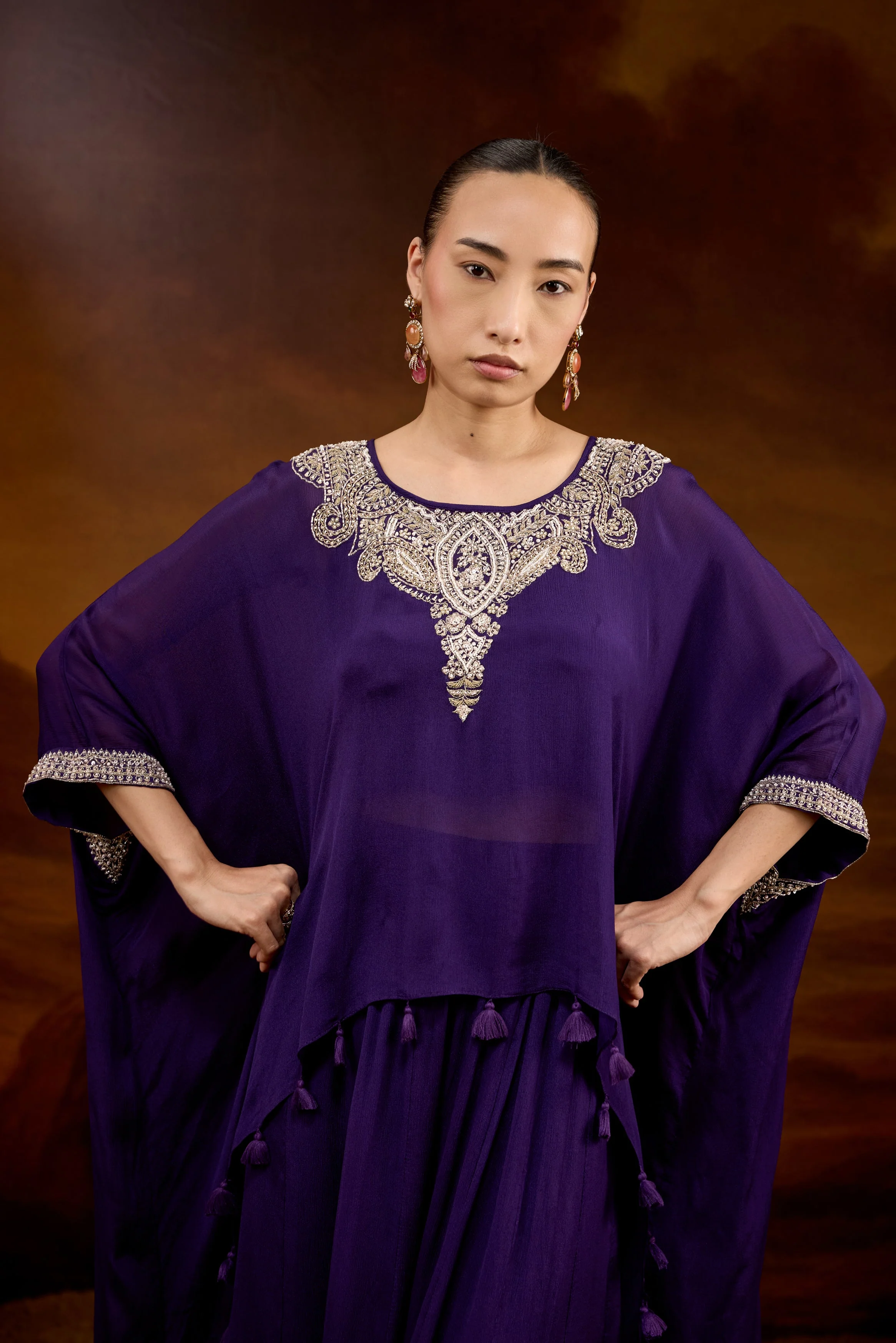 Deep Purple Embellished Chinon Silk Kaftan Set - Image 3