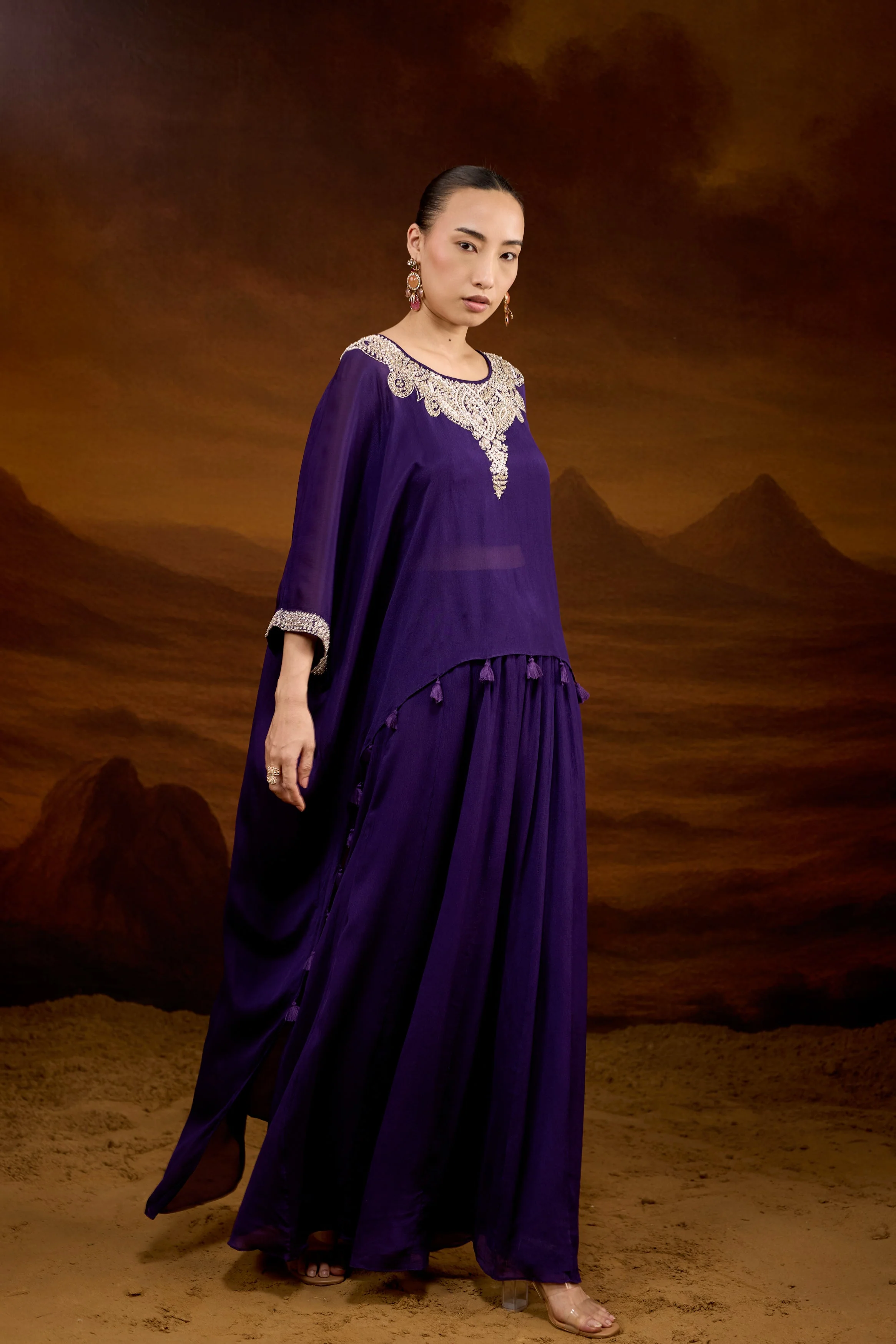 Deep Purple Embellished Chinon Silk Kaftan Set - Image 4