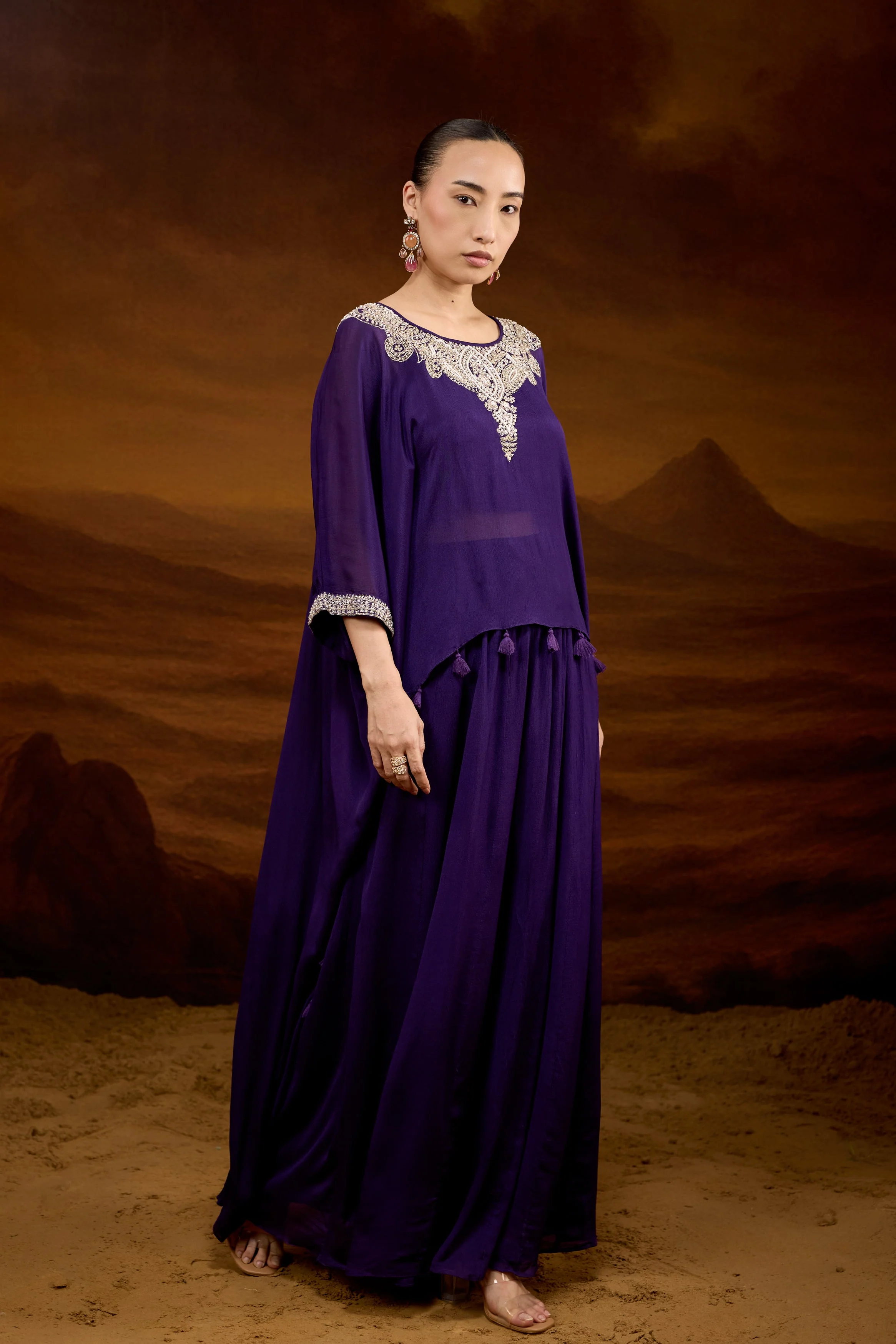 Deep Purple Embellished Chinon Silk Kaftan Set - Image 5