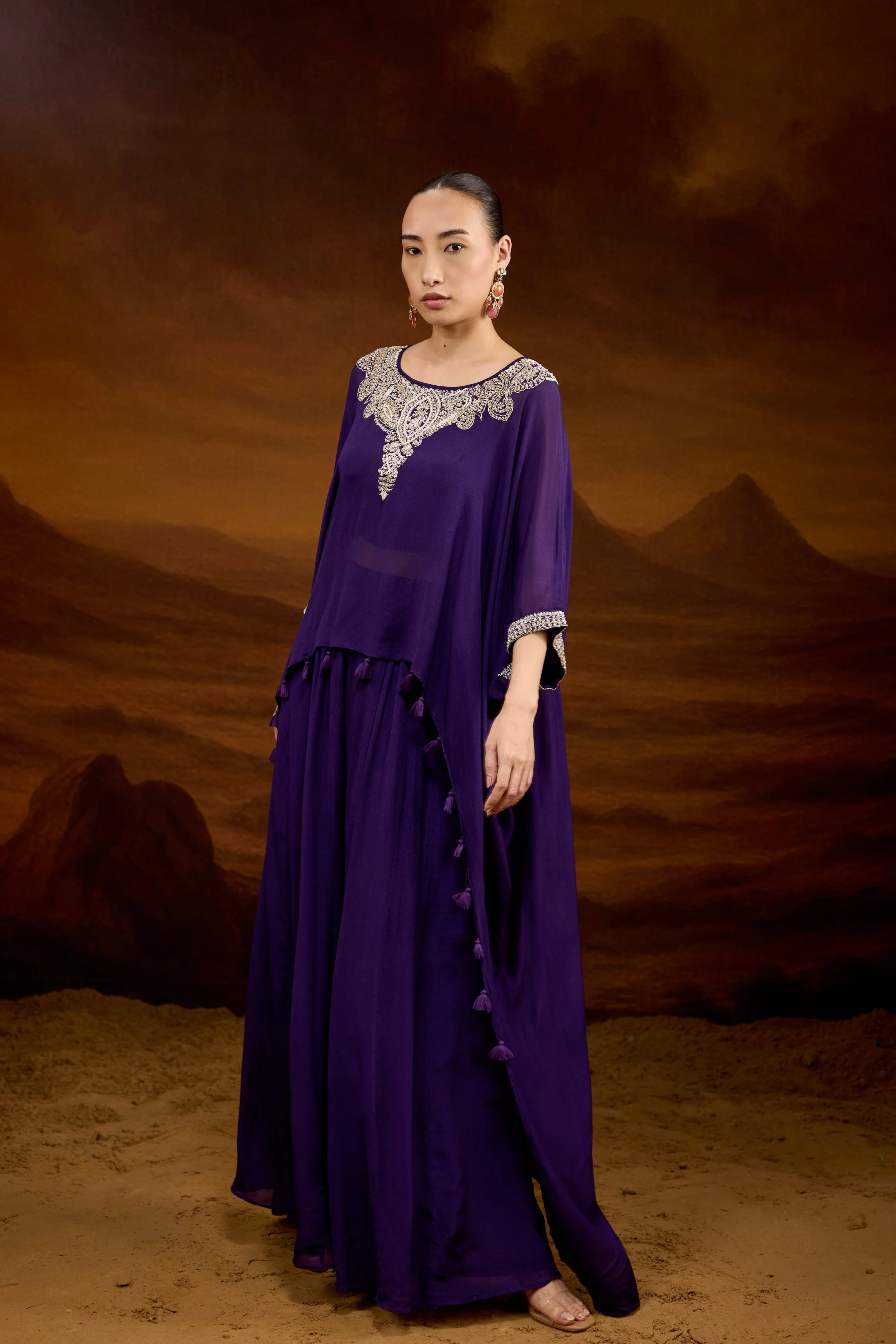 Deep Purple Embellished Chinon Silk Kaftan Set - Image 6