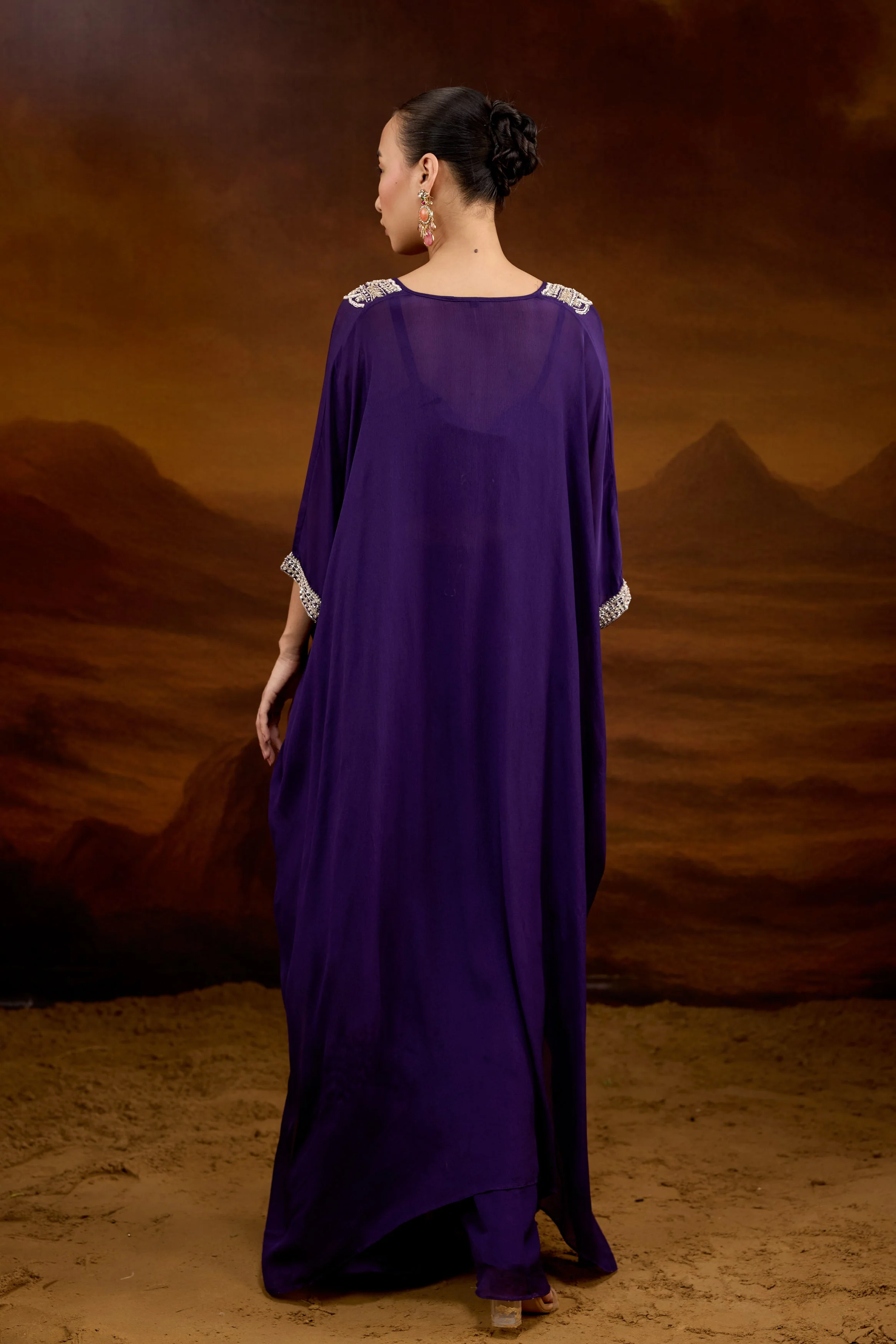 Deep Purple Embellished Chinon Silk Kaftan Set - Image 7