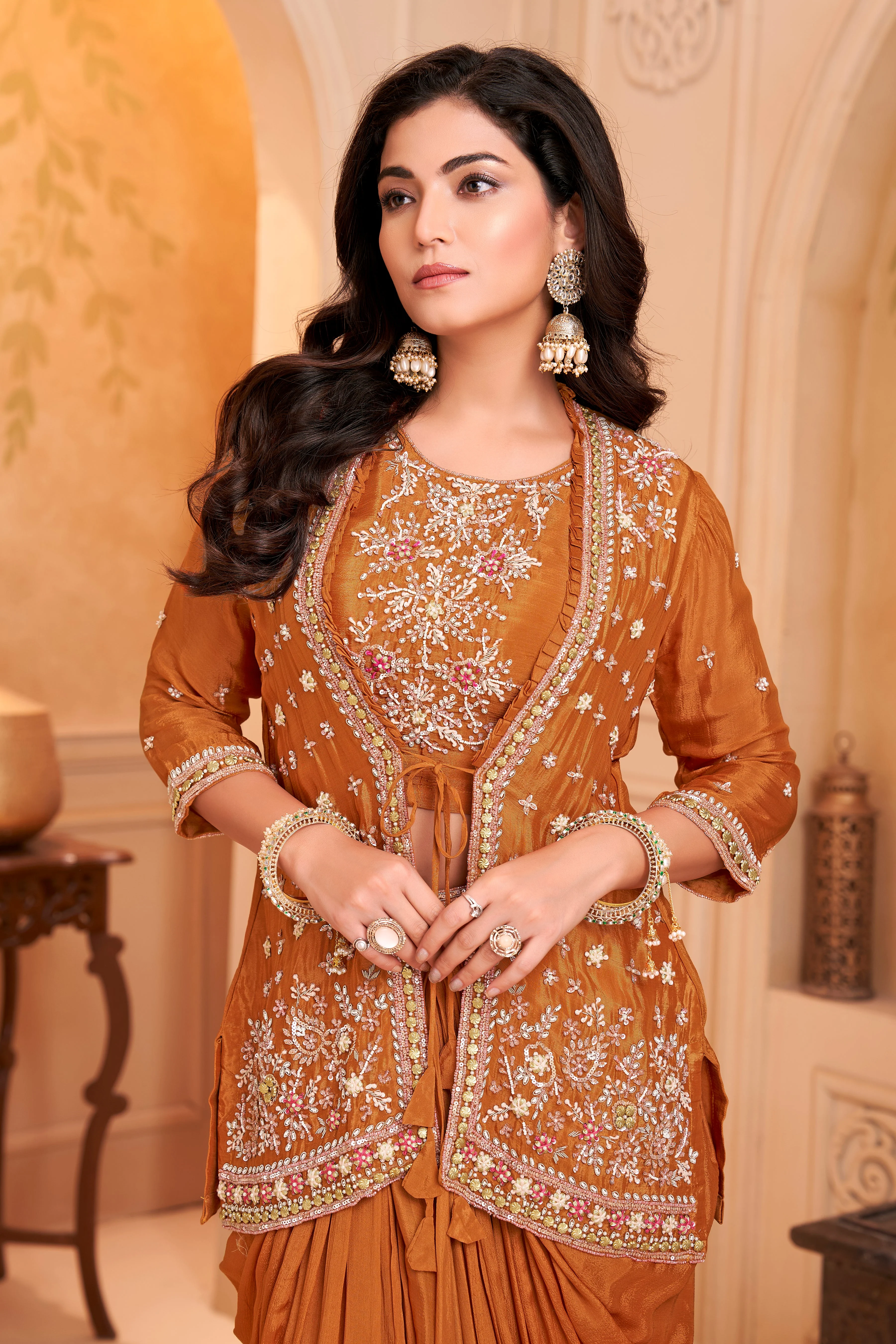 Saffron Orange Embellished Chinon Silk Skirt Set - Image 2