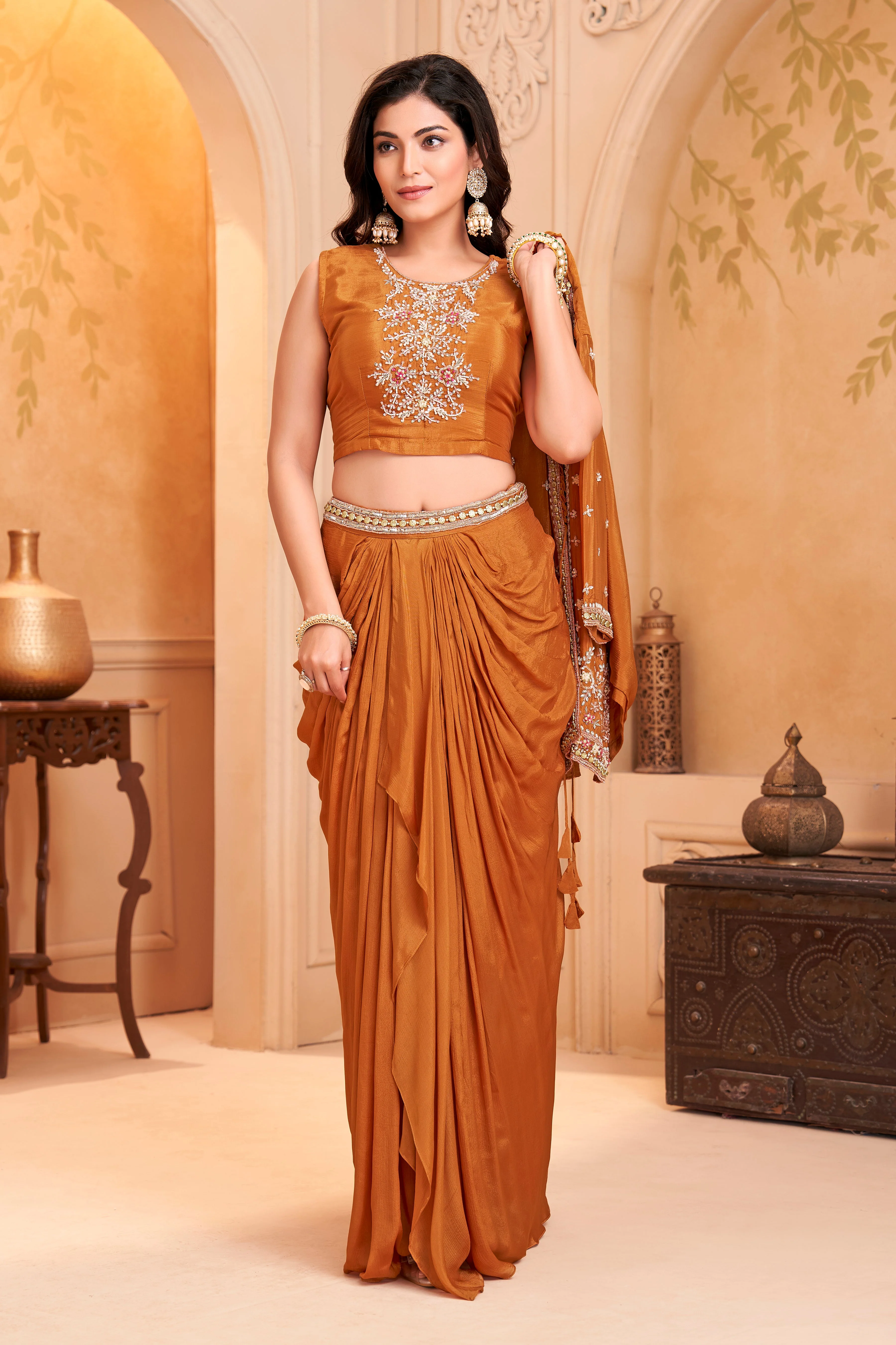 Saffron Orange Embellished Chinon Silk Skirt Set - Image 3