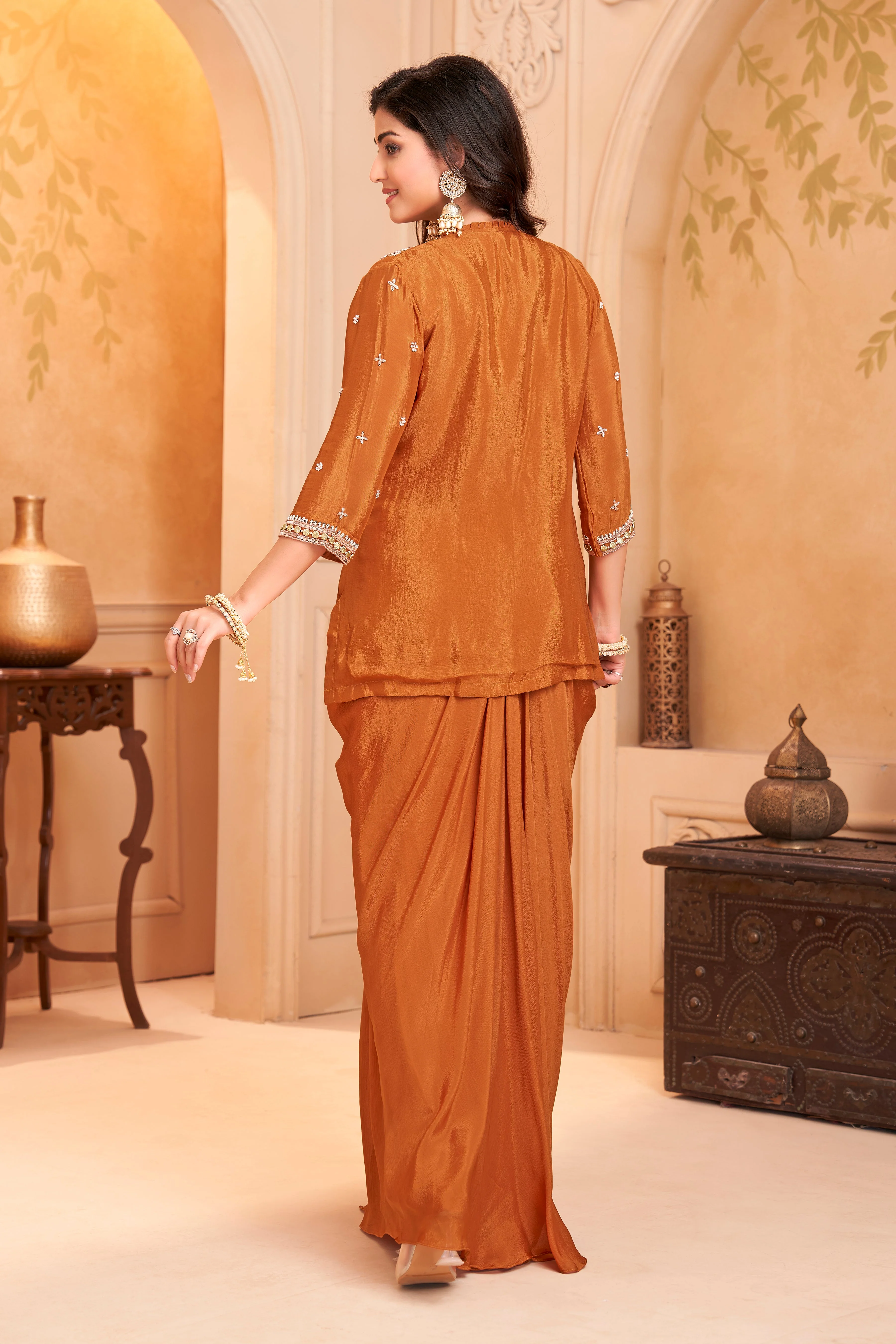 Saffron Orange Embellished Chinon Silk Skirt Set - Image 4