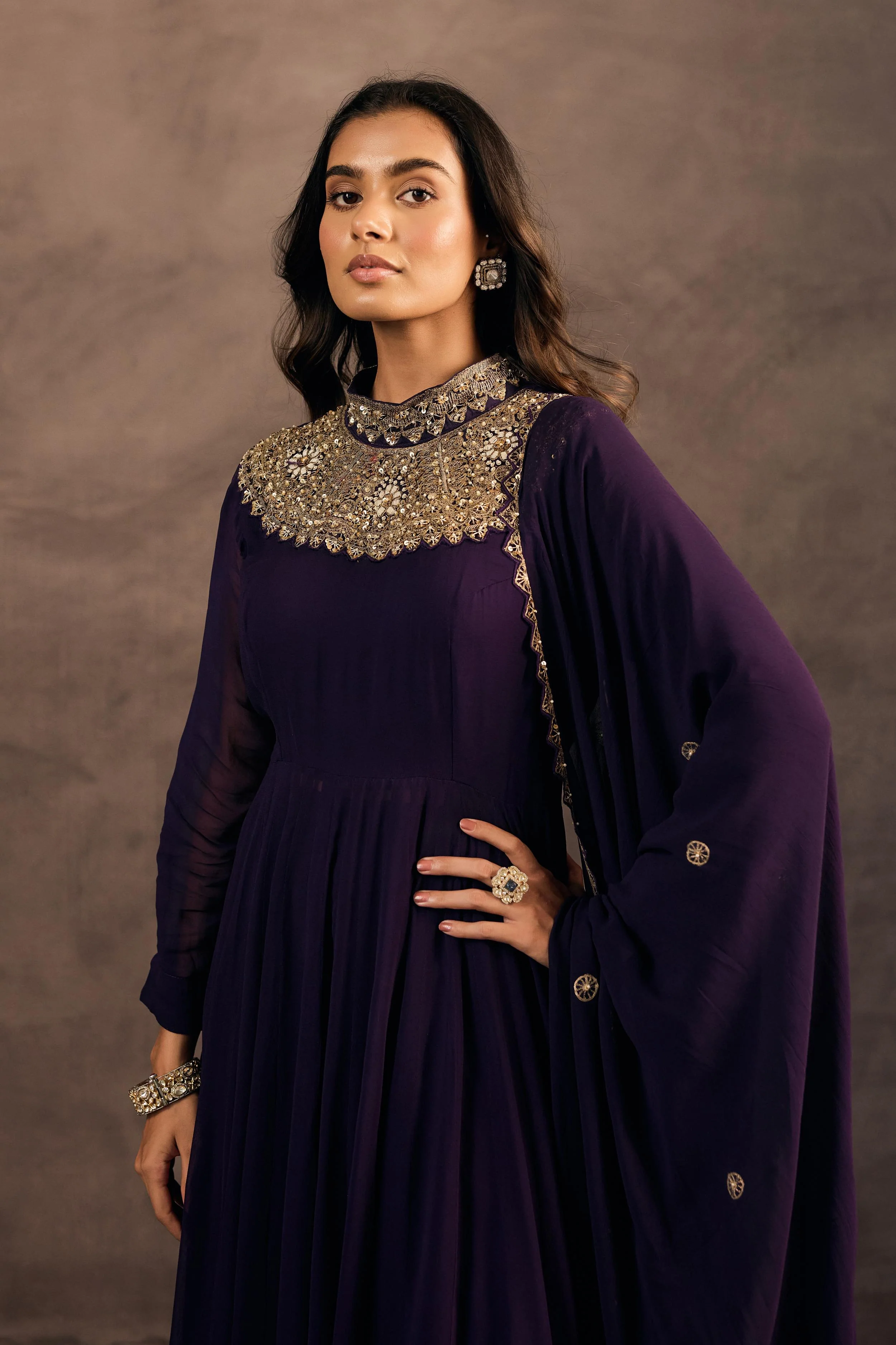 Deep Purple Embellished Georgette Silk Sharara Set - Image 3