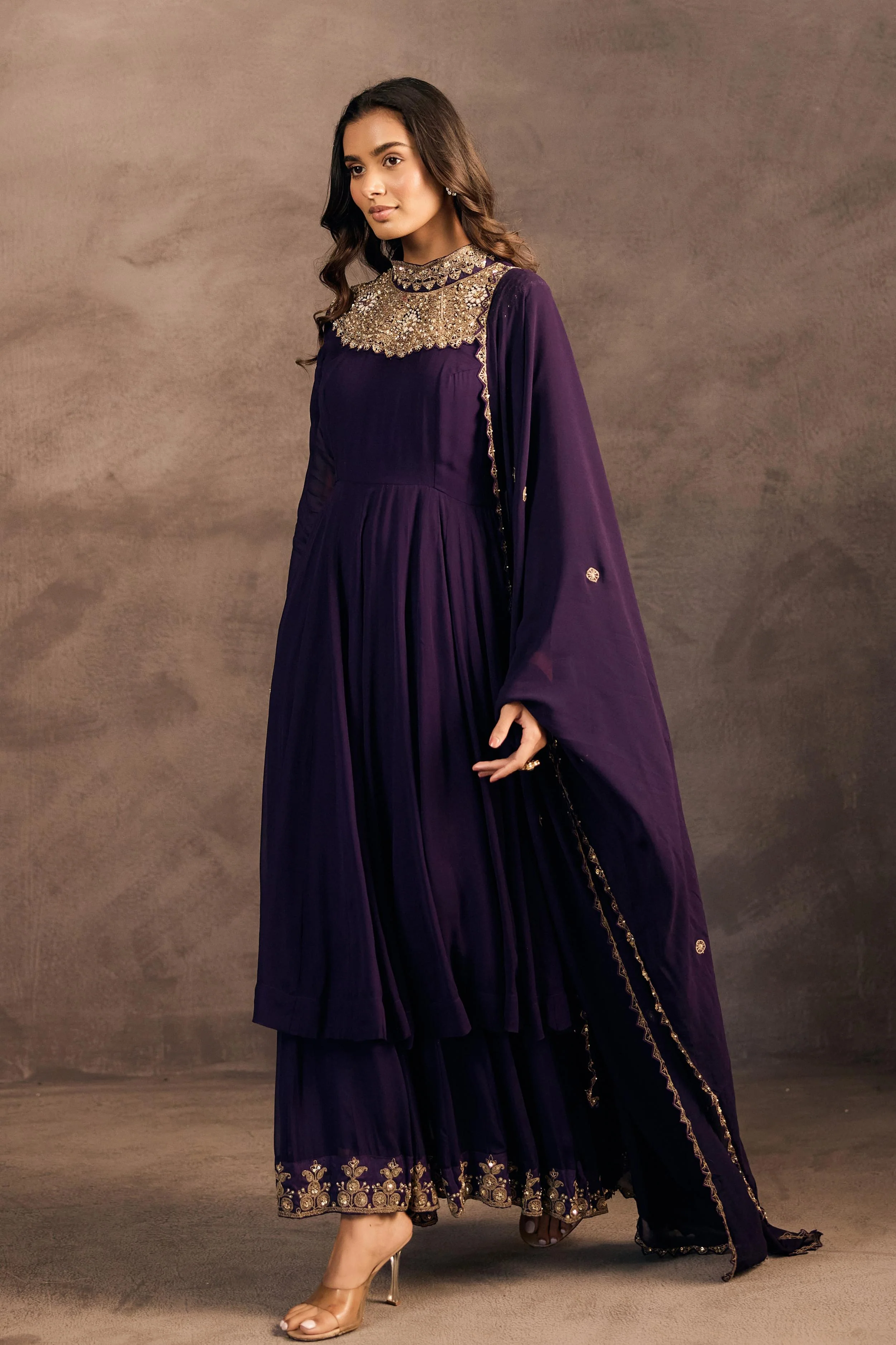 Deep Purple Embellished Georgette Silk Sharara Set - Image 5