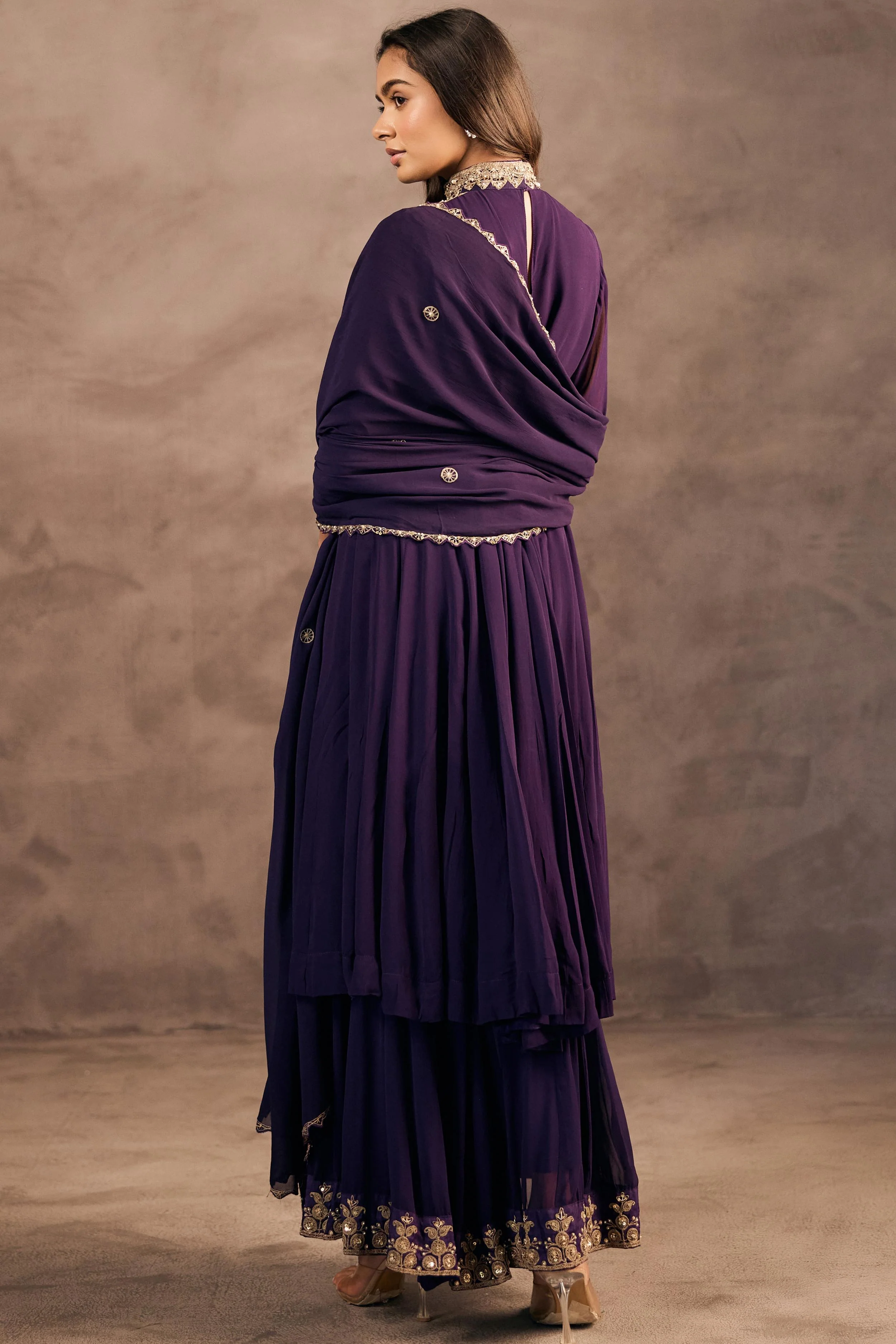 Deep Purple Embellished Georgette Silk Sharara Set - Image 6