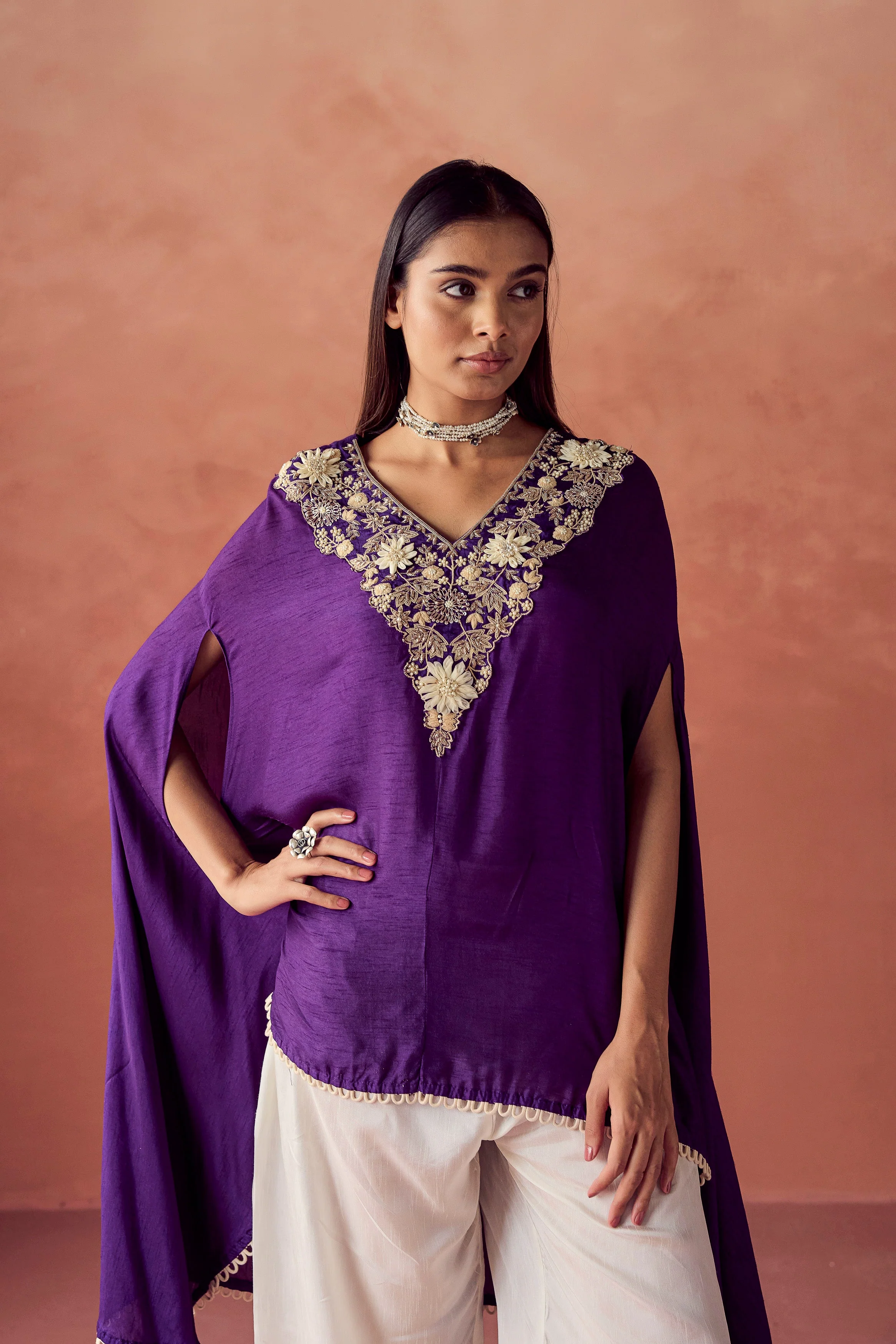 Deep Purple Embellished Raw Silk Co-Ord Set - Image 3