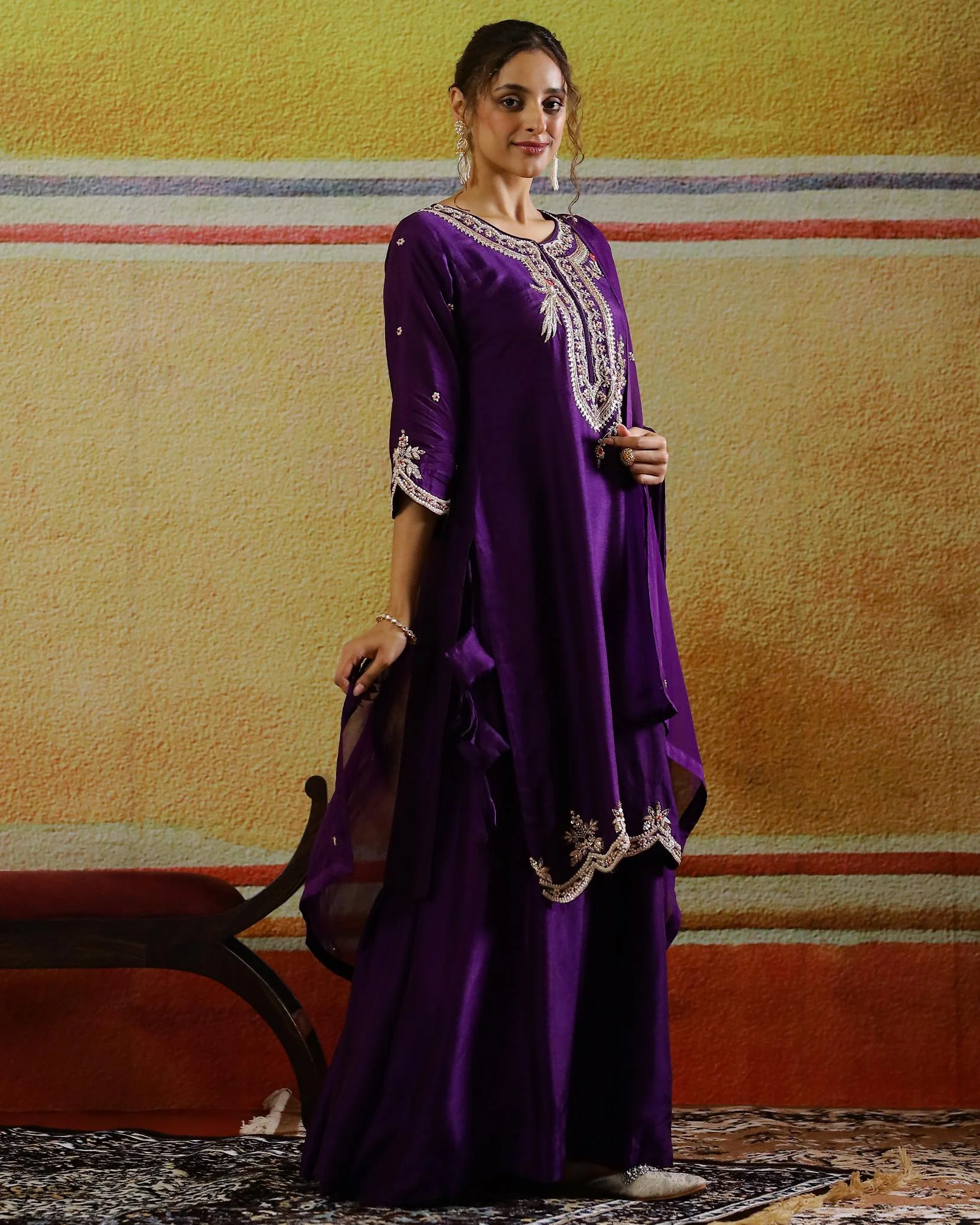 Deep Purple Embellished Raw Silk Palazzo Set - Image 3