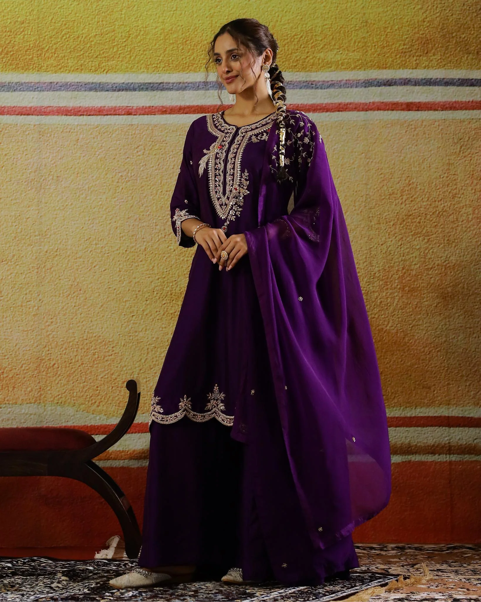 Deep Purple Embellished Raw Silk Palazzo Set - Image 4