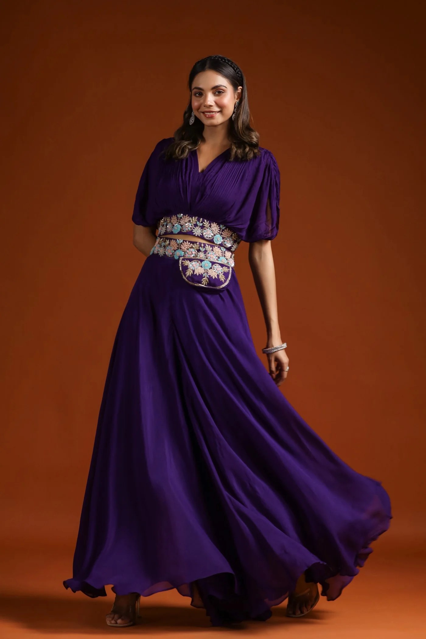 Deep Purple Embroidered Crop Top with Palazzo Set - Image 3