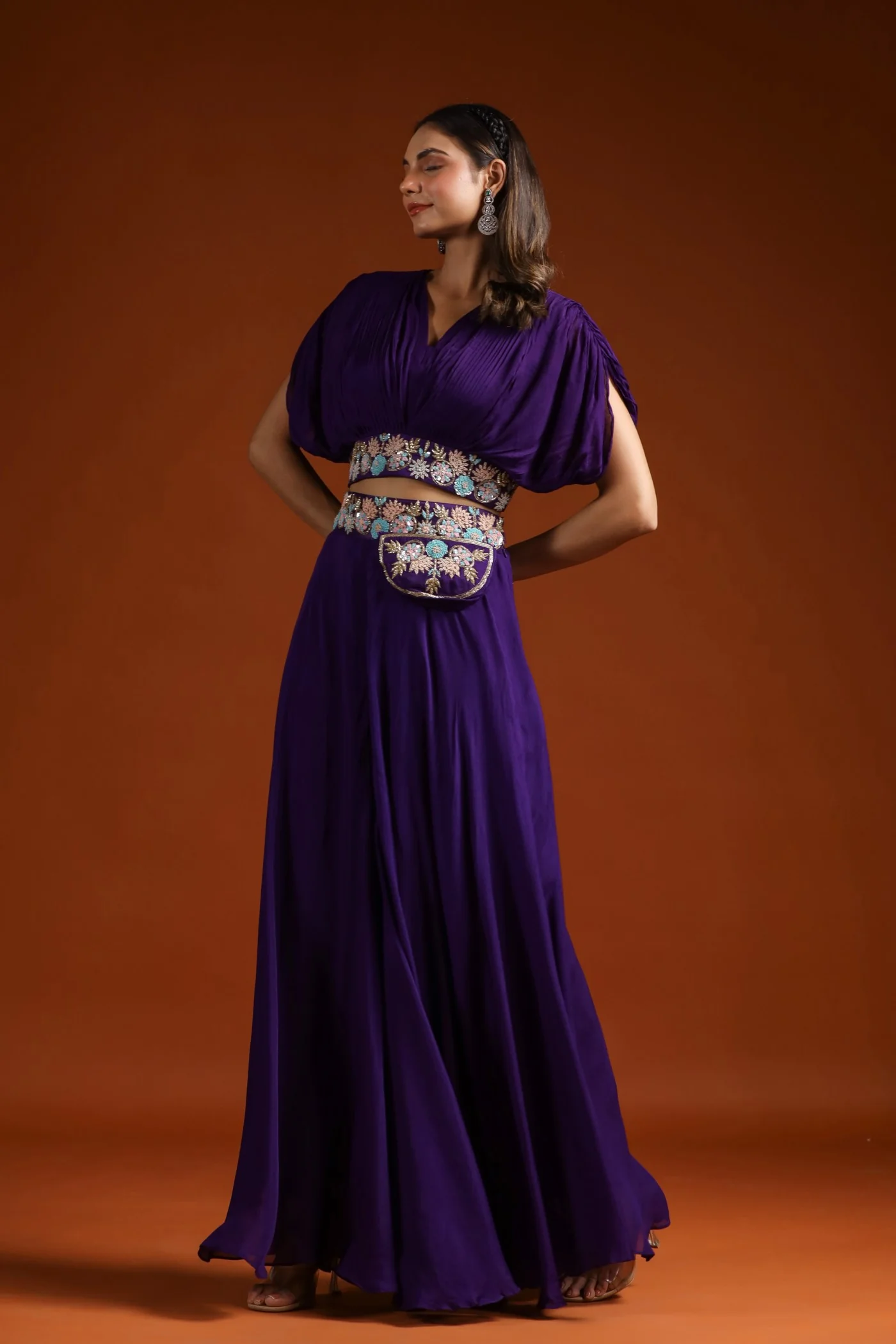 Deep Purple Embroidered Crop Top with Palazzo Set - Image 4