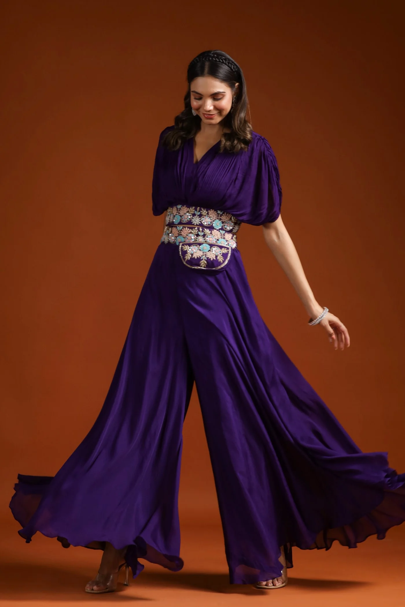 Deep Purple Embroidered Crop Top with Palazzo Set - Image 5