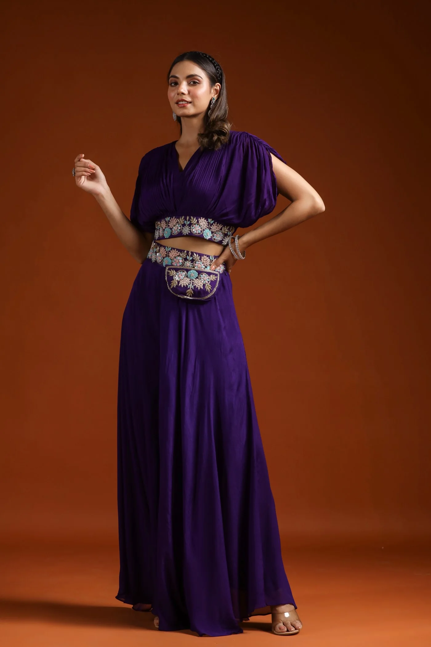 Deep Purple Embroidered Crop Top with Palazzo Set - Image 6