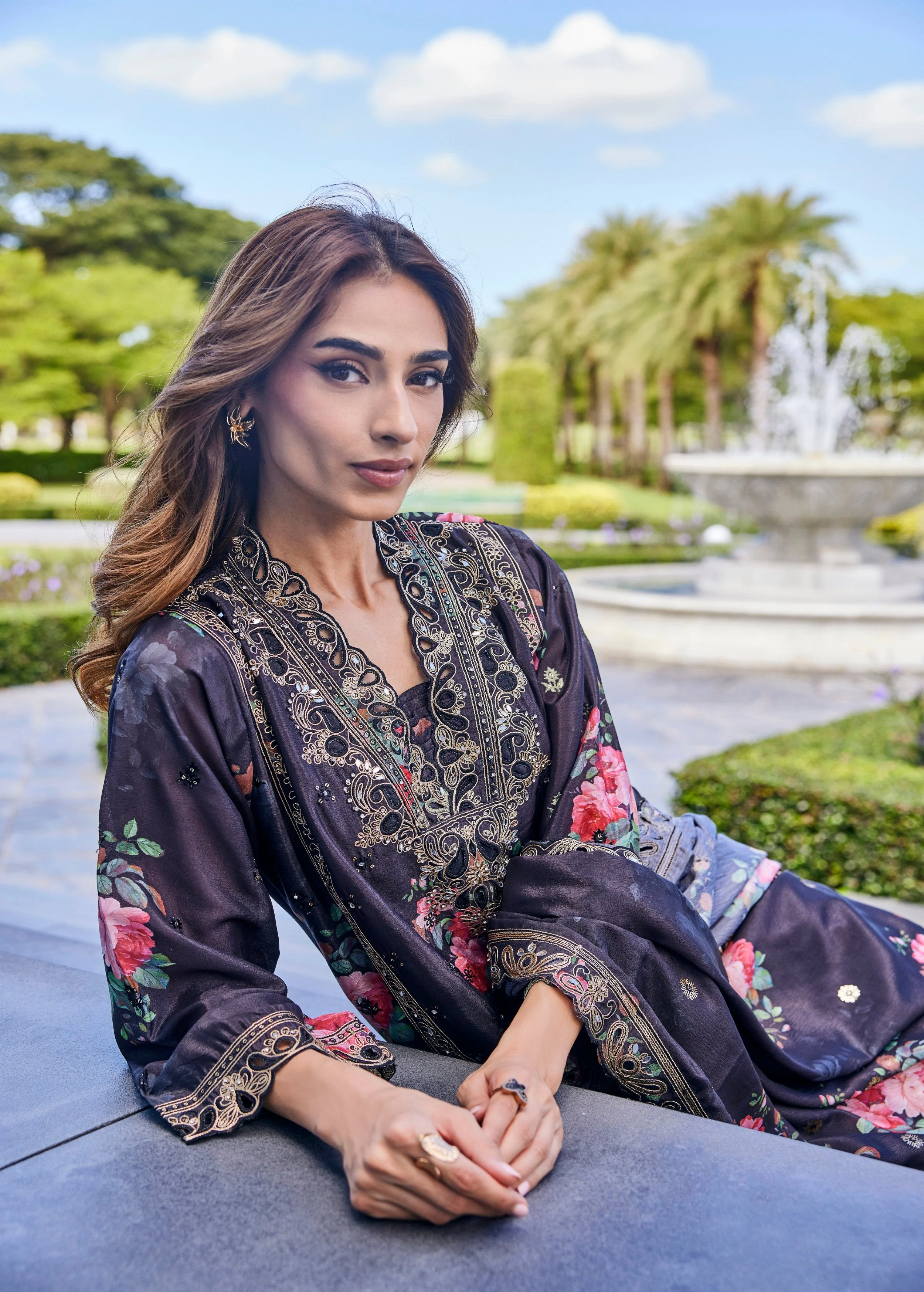 Smokey Black Embroidered Organza Silk Palazzo Set - Image 2