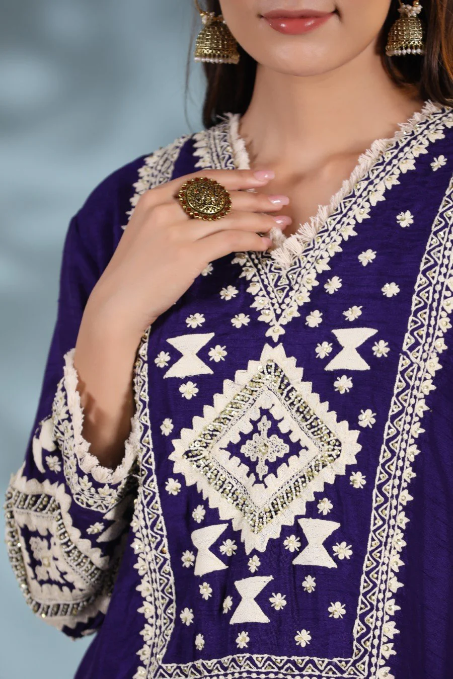 Deep Purple Kashmiri Embroidered Kurta with Palazzo - Image 2