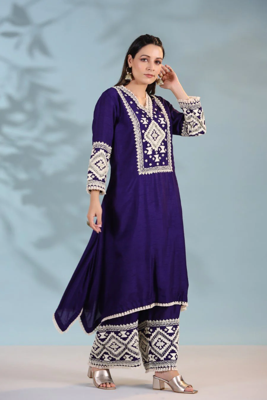 Deep Purple Kashmiri Embroidered Kurta with Palazzo - Image 3