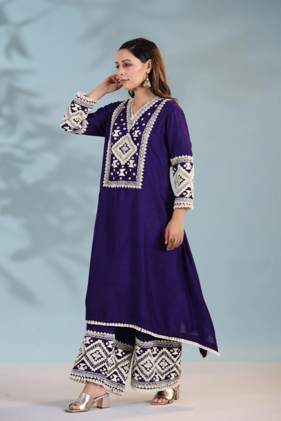 Deep Purple Kashmiri Embroidered Kurta with Palazzo - Image 4