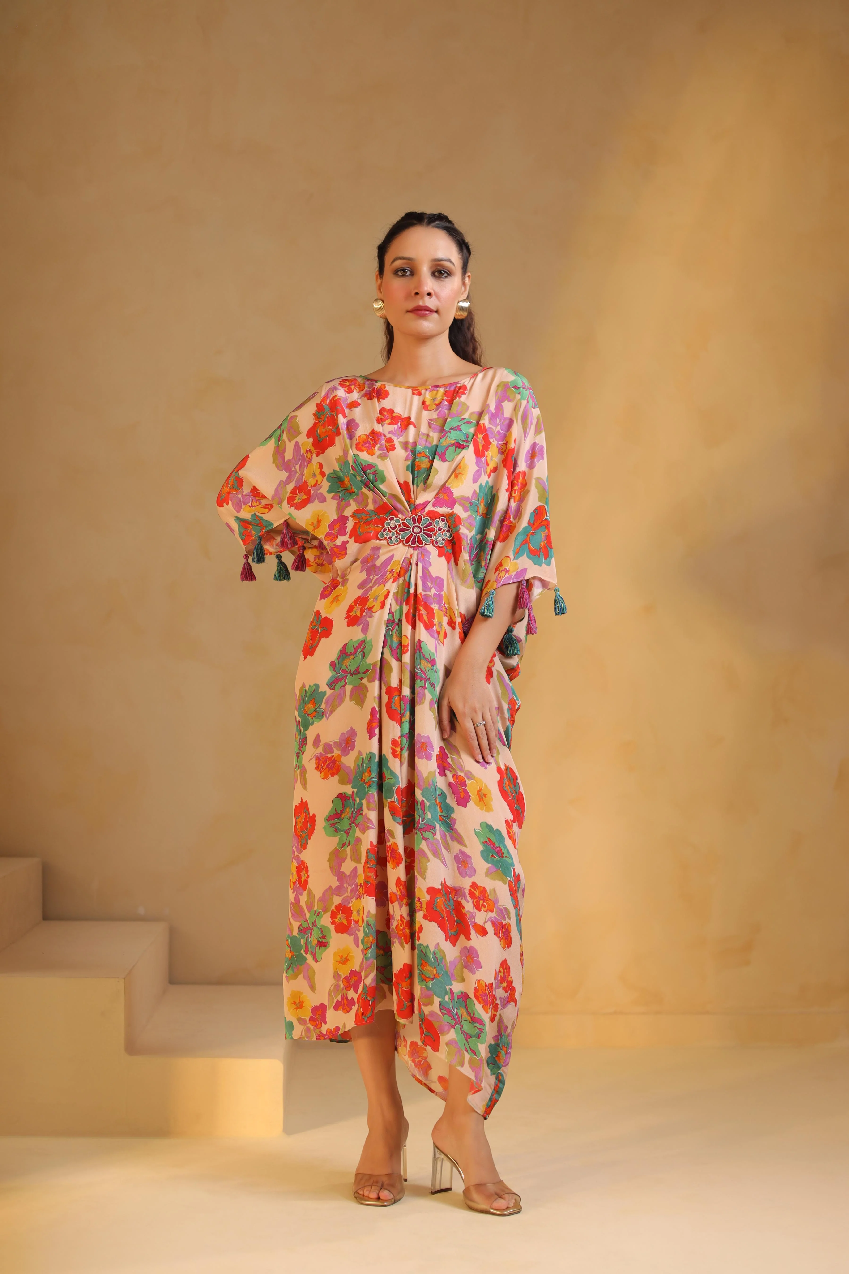Pale Peach Printed Viscose Crepe Dress