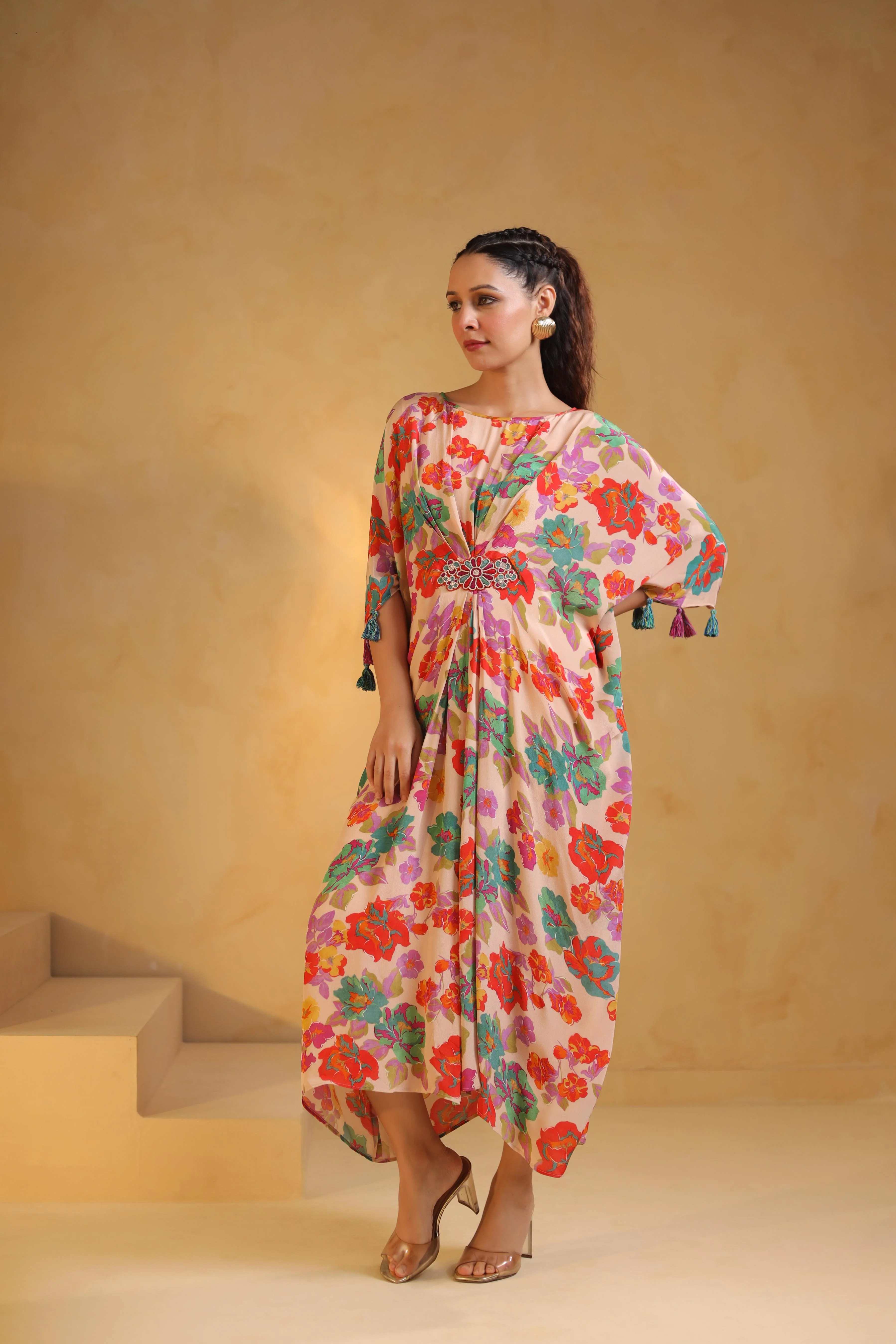 Pale Peach Printed Viscose Crepe Dress - Image 3