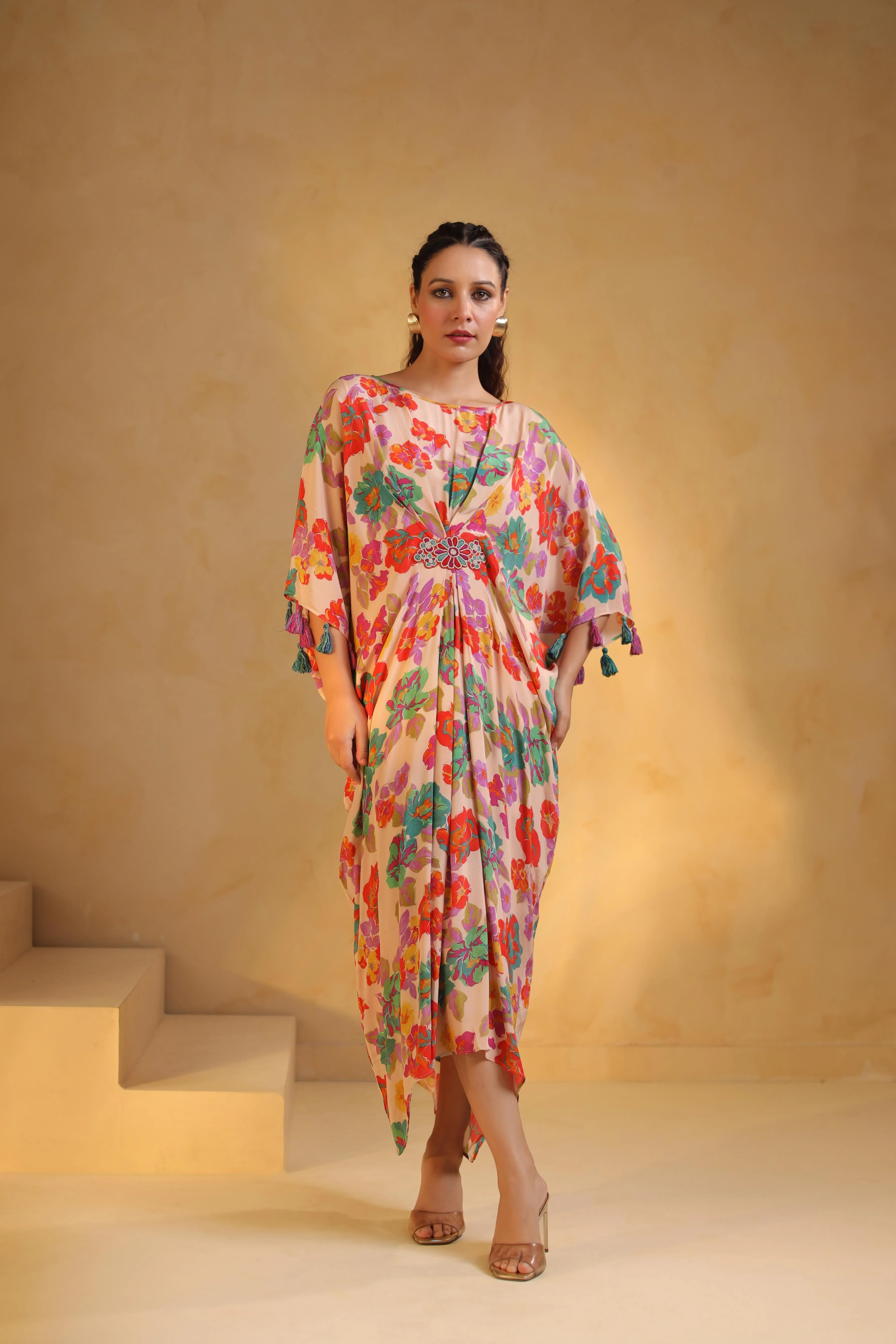 Pale Peach Printed Viscose Crepe Dress - Image 4