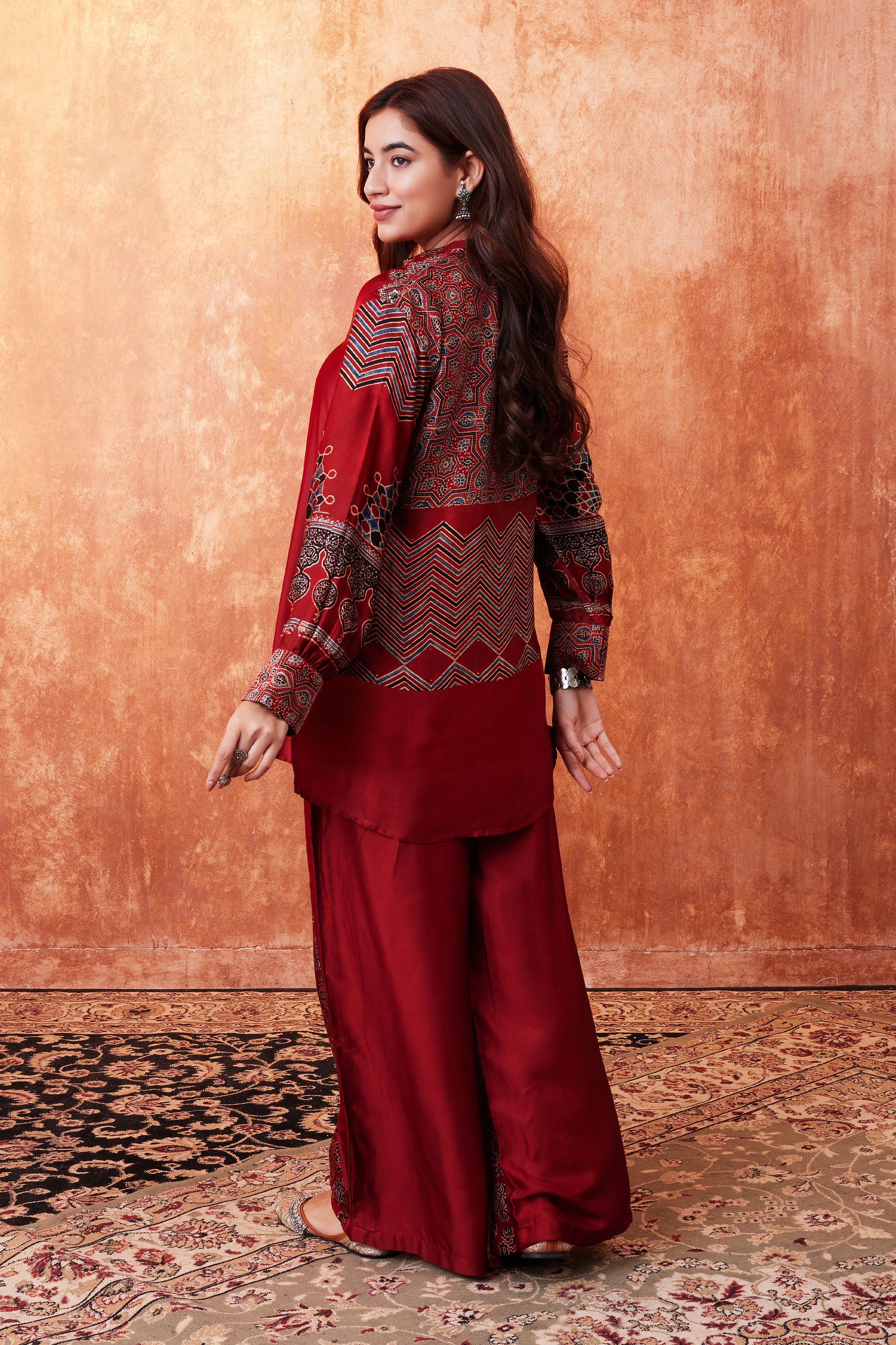 Deep Red Ajrakh Printed Habutai Silk Co-Ord Set - Image 2