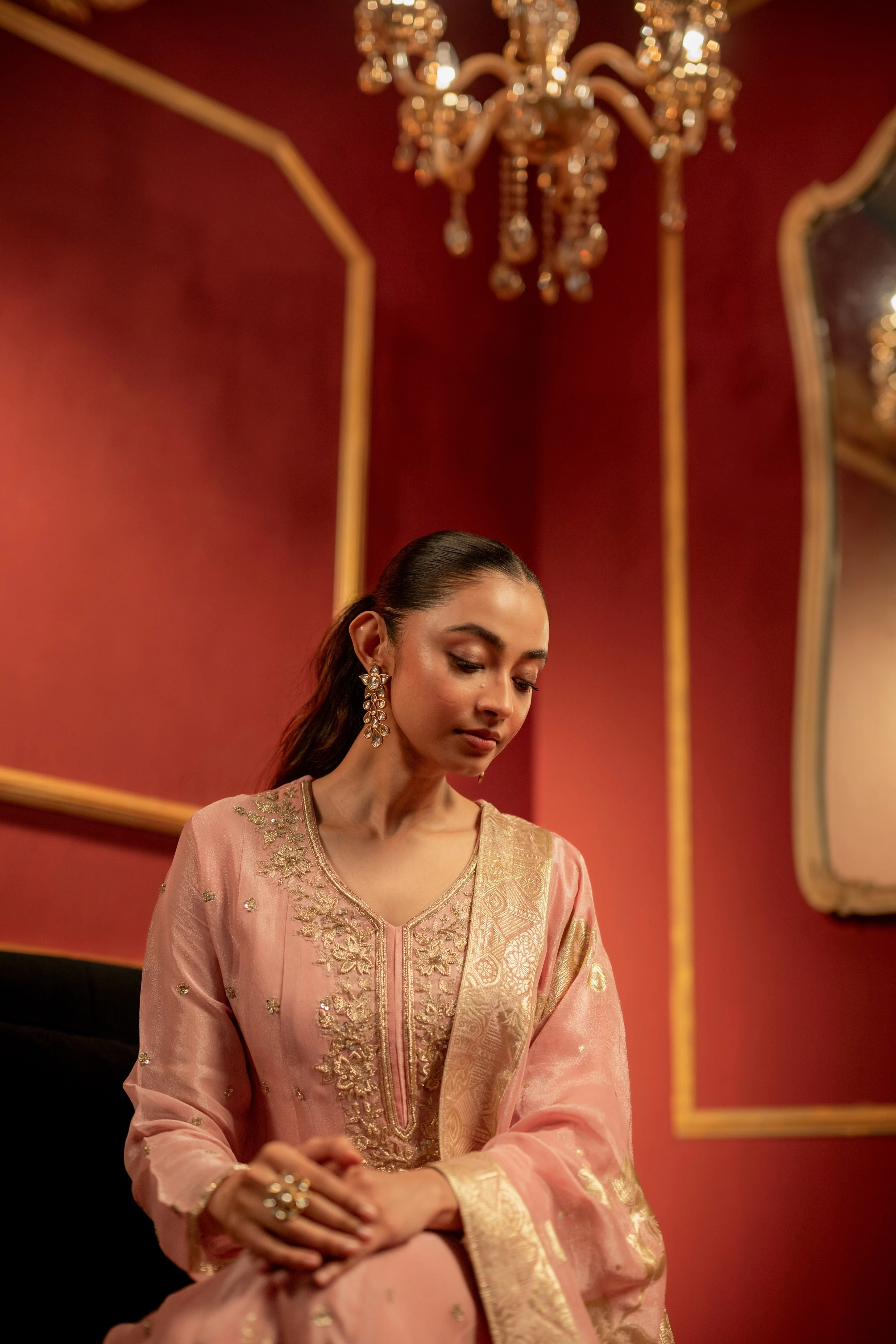 Pale Pink Embellished Shimmer Tissue Silk Anarkali Set - Image 2